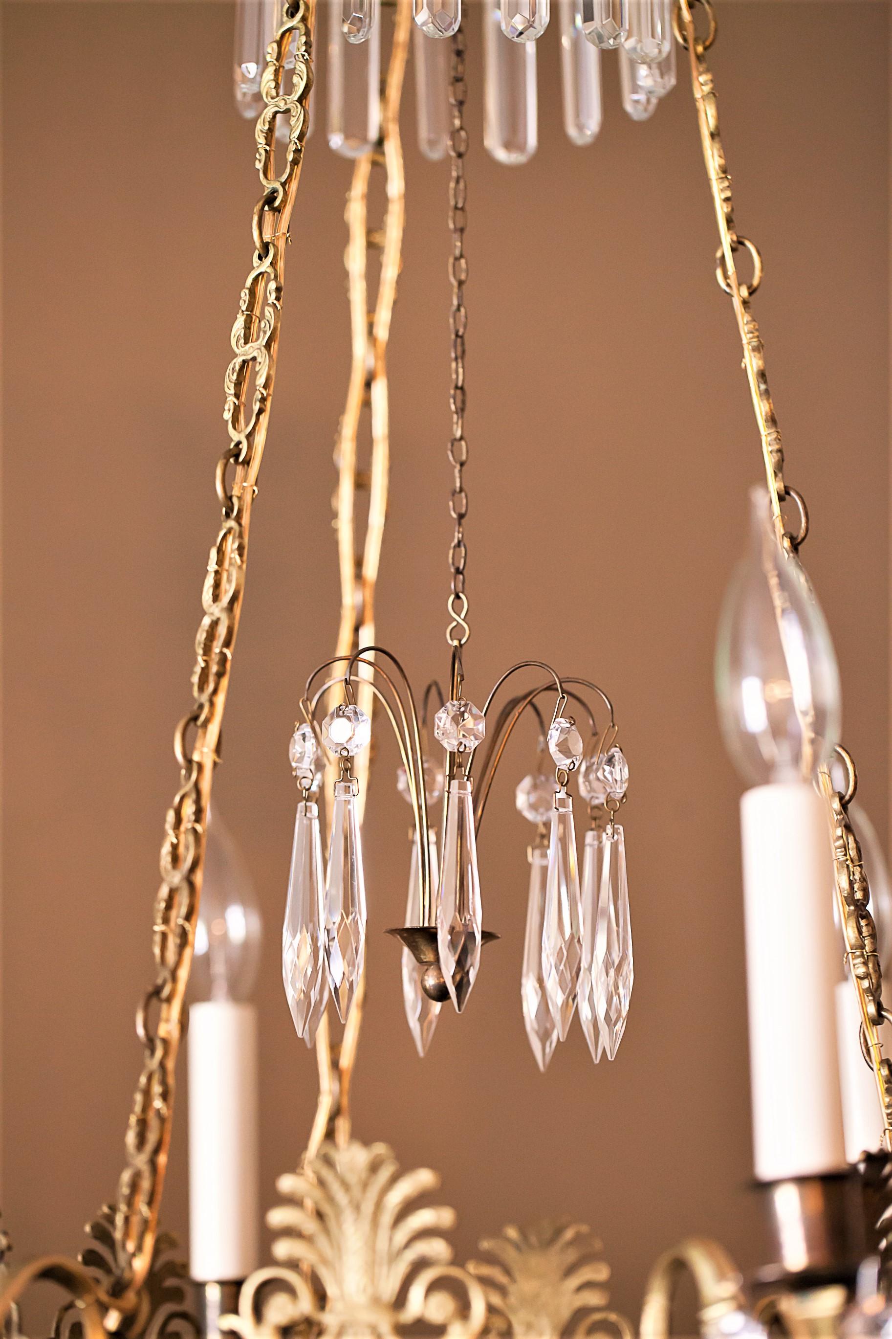 6-Light Neoclassical Style Brass and Crystal Chandelier, Sweden, circa 1890 For Sale 1