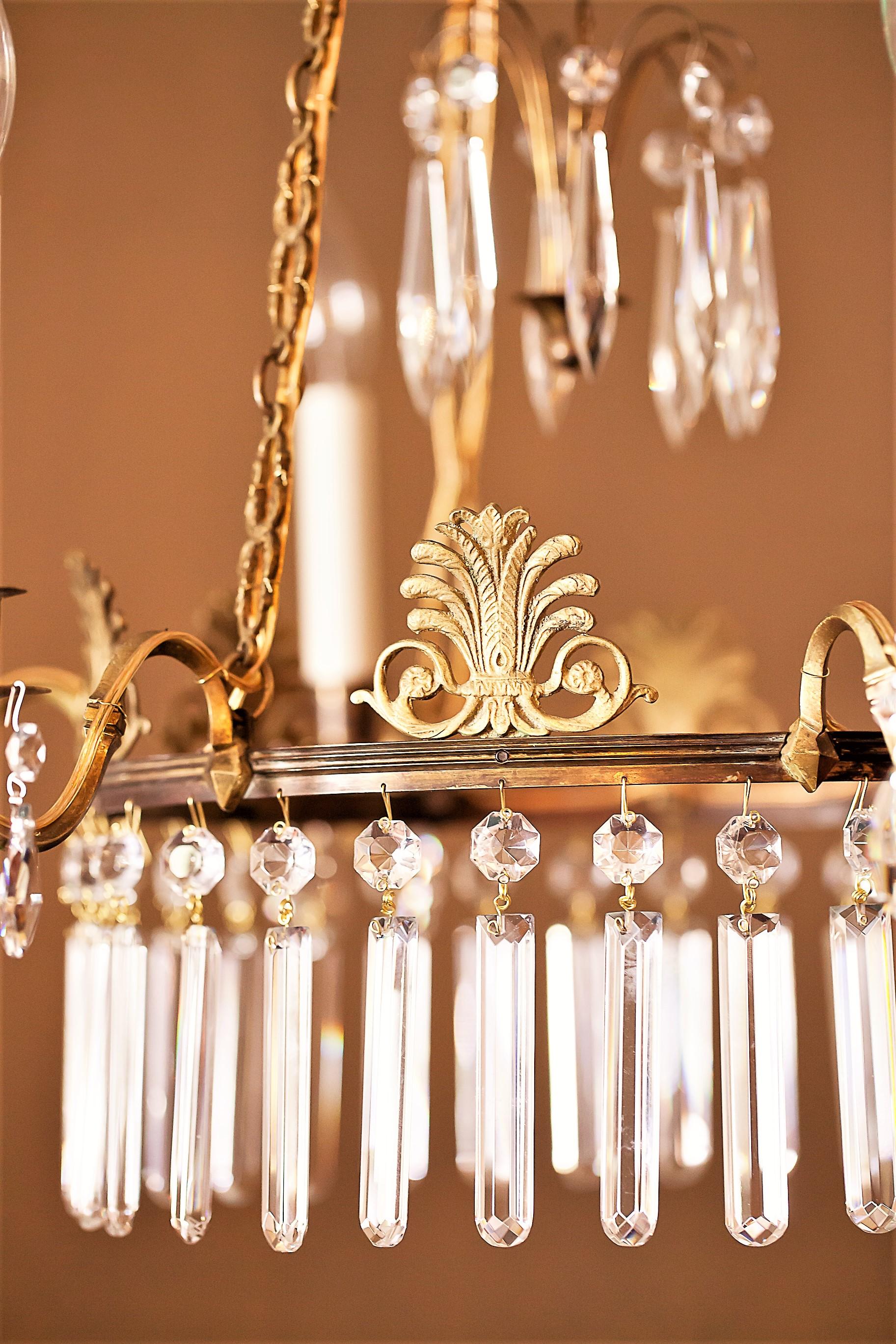 6-Light Neoclassical Style Brass and Crystal Chandelier, Sweden, circa 1890 For Sale 2