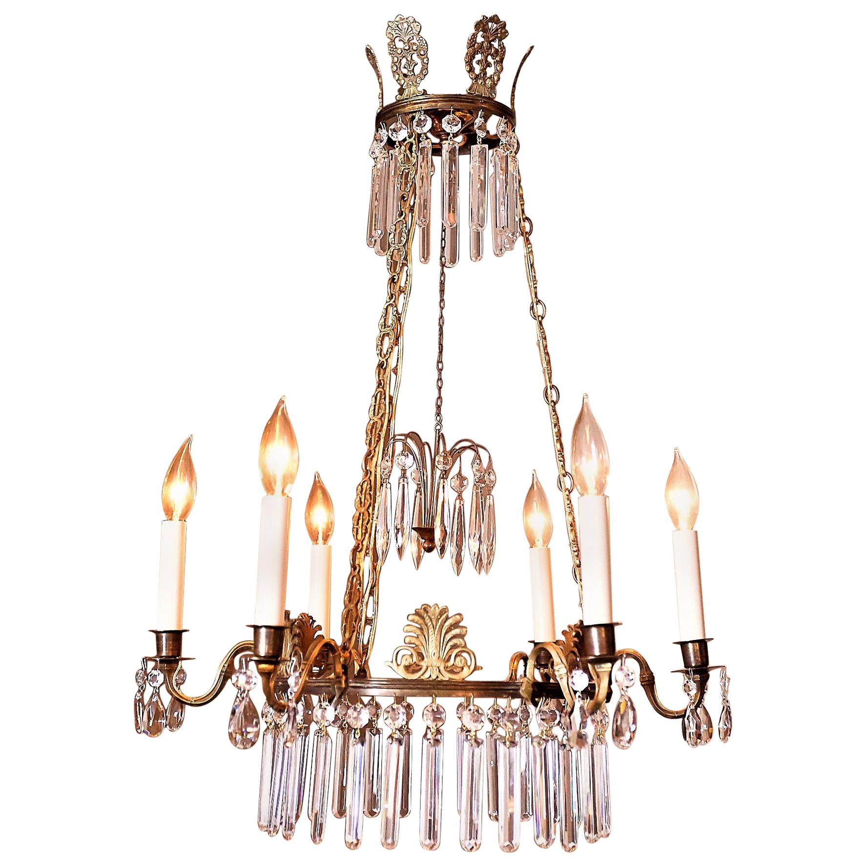 6-Light Neoclassical Style Brass and Crystal Chandelier, Sweden, circa 1890 For Sale