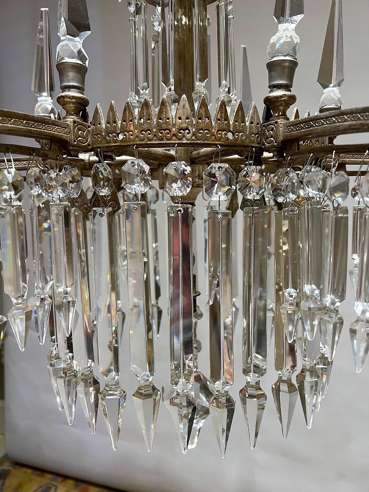 6-Light Silvered Bronze & Crystal Electrified Gasolier, America, Circa:1850 For Sale 5