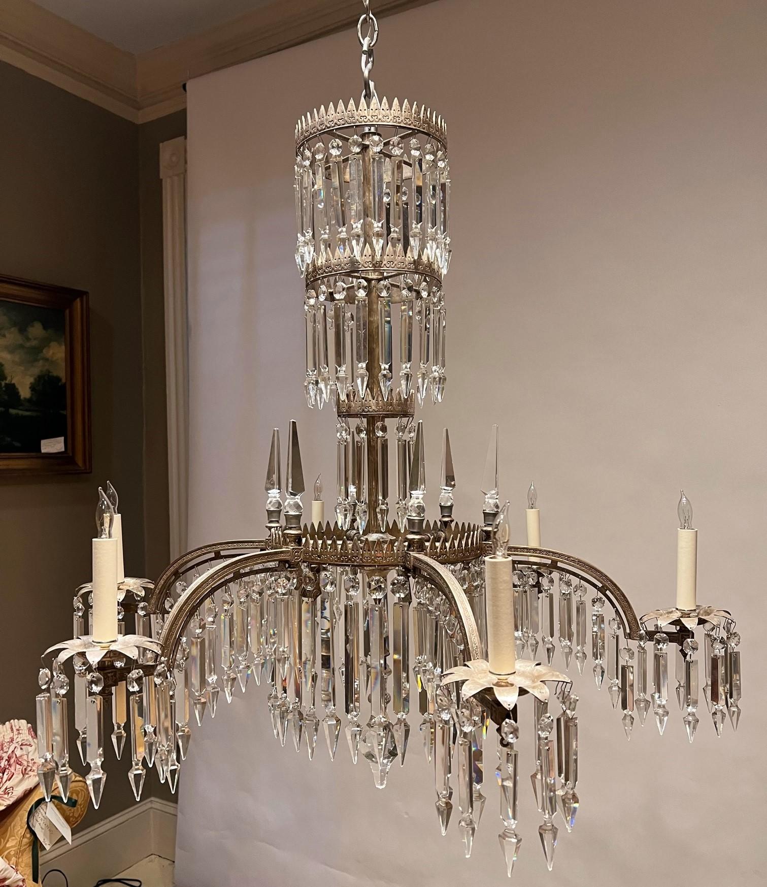 High Victorian 6-Light Silvered Bronze & Crystal Electrified Gasolier, America, Circa:1850 For Sale