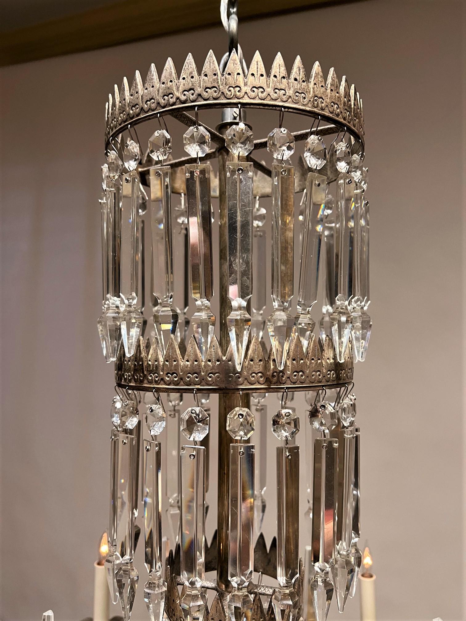 American 6-Light Silvered Bronze & Crystal Electrified Gasolier, America, Circa:1850 For Sale