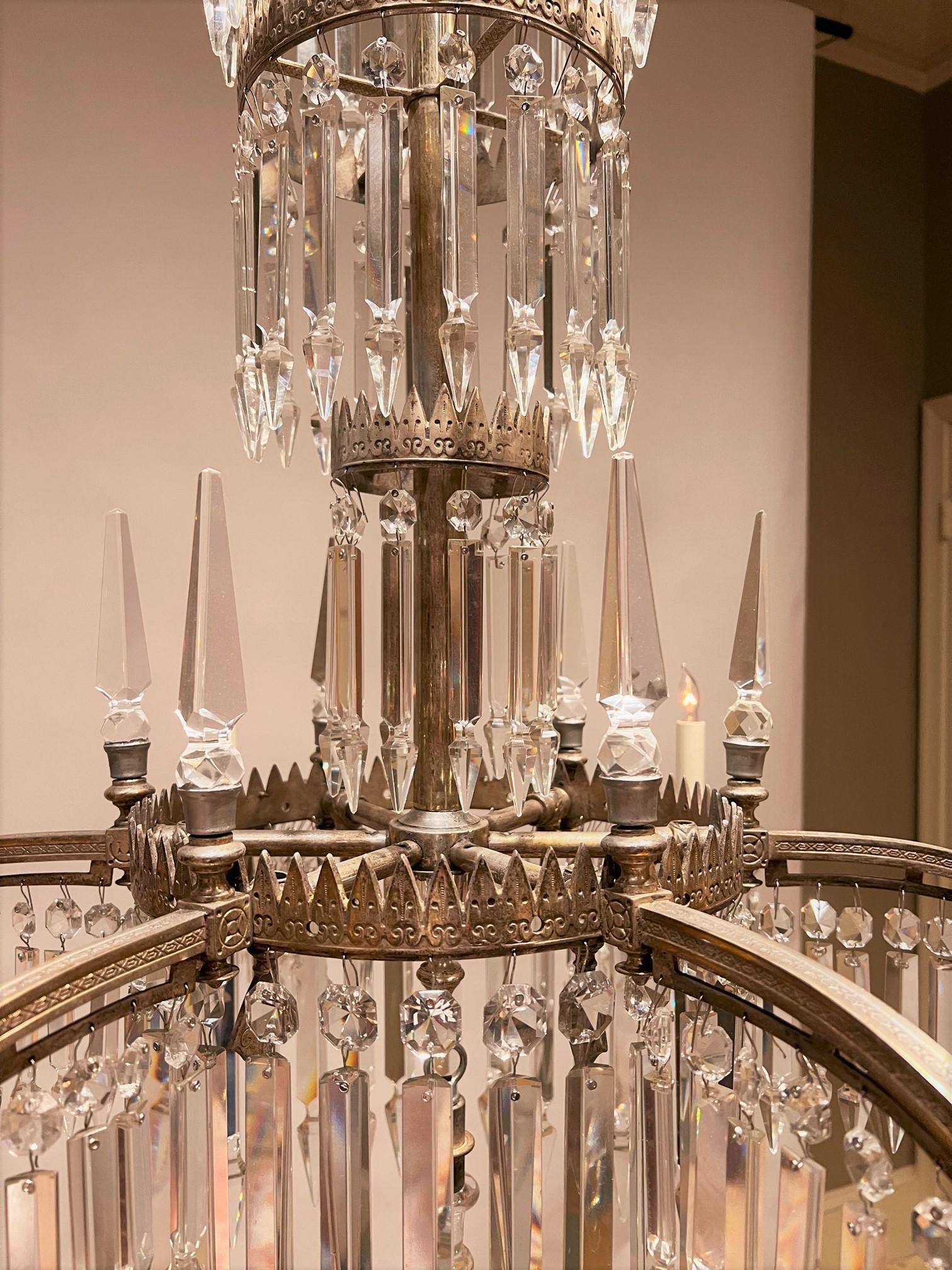 19th Century 6-Light Silvered Bronze & Crystal Electrified Gasolier, America, Circa:1850 For Sale