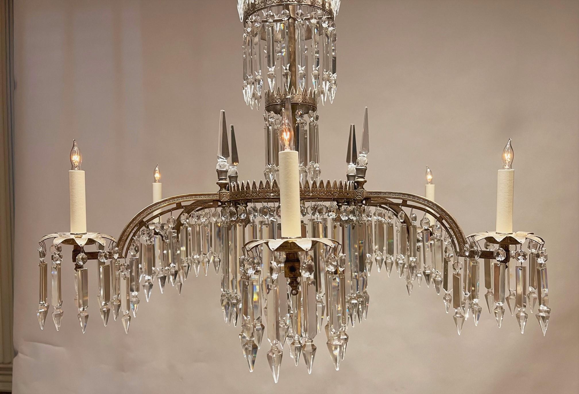 6-Light Silvered Bronze & Crystal Electrified Gasolier, America, Circa:1850 For Sale 2