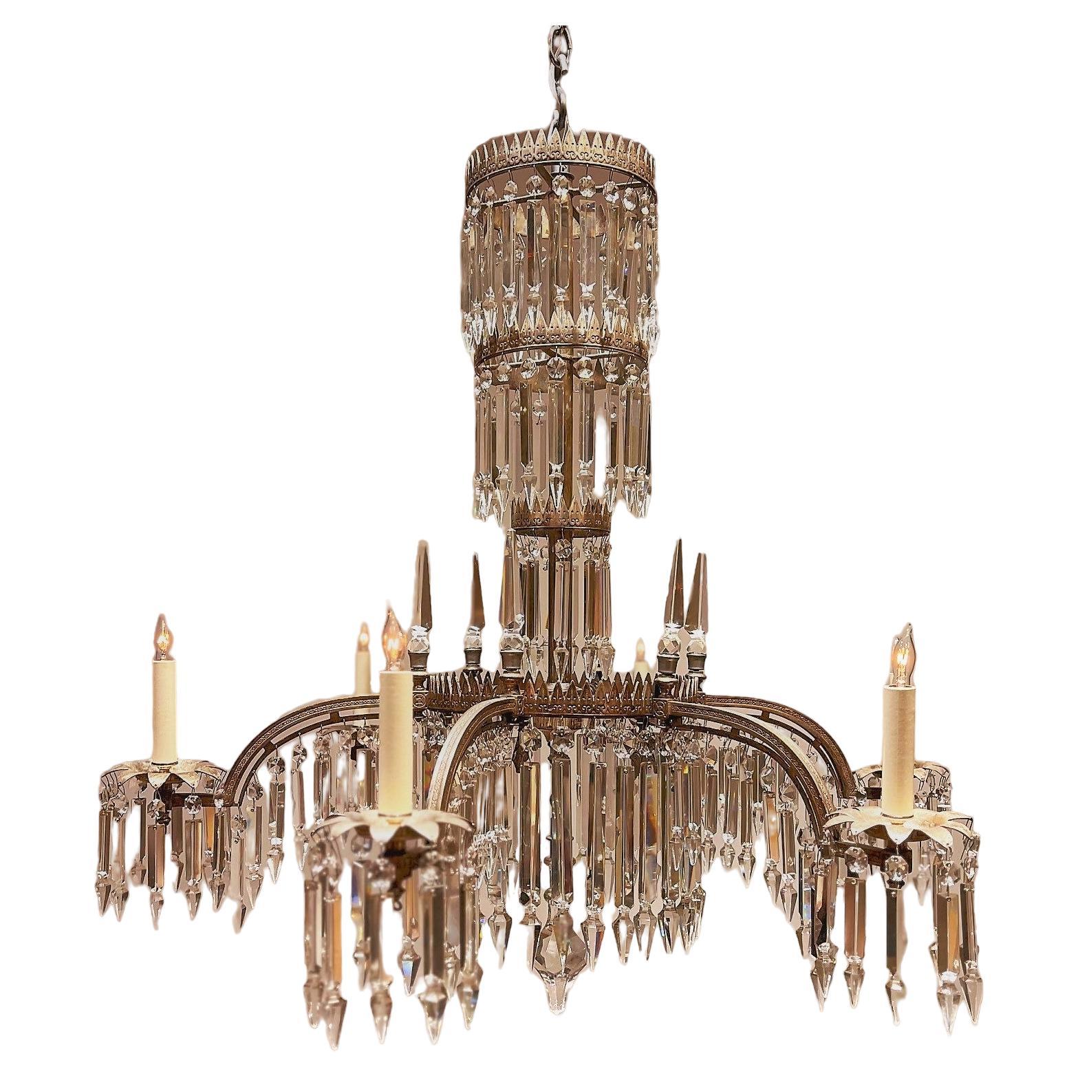 6-Light Silvered Bronze & Crystal Electrified Gasolier, America, Circa:1850 For Sale
