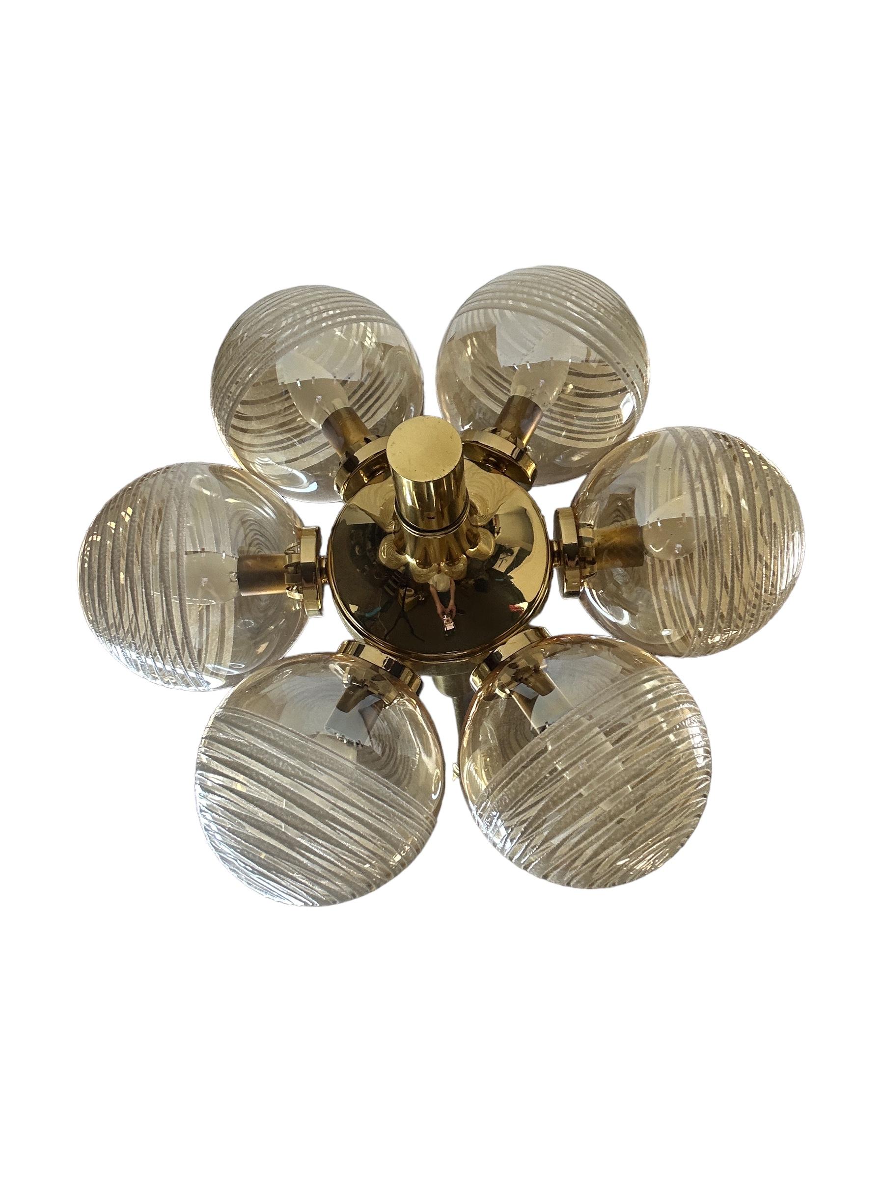 6 Light Sputnik Orbit Space Age Brass Swirl Glass Ball Chandelier Germany, 1970s For Sale 4