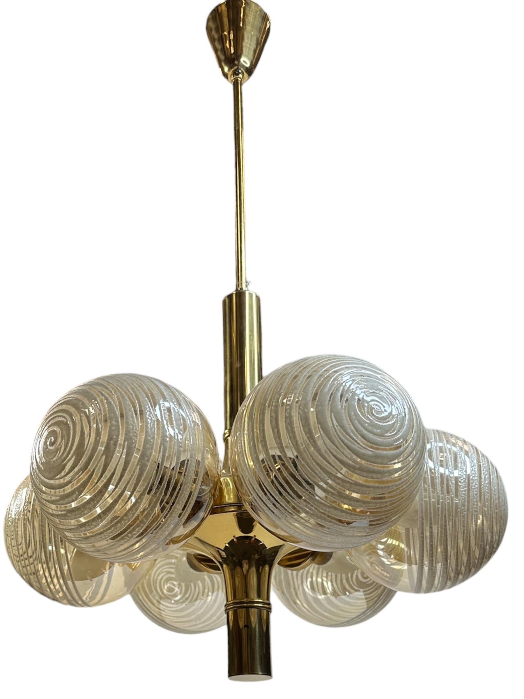 Mid-Century Modern 6 Light Sputnik Orbit Space Age Brass Swirl Glass Ball Chandelier Germany, 1970s For Sale