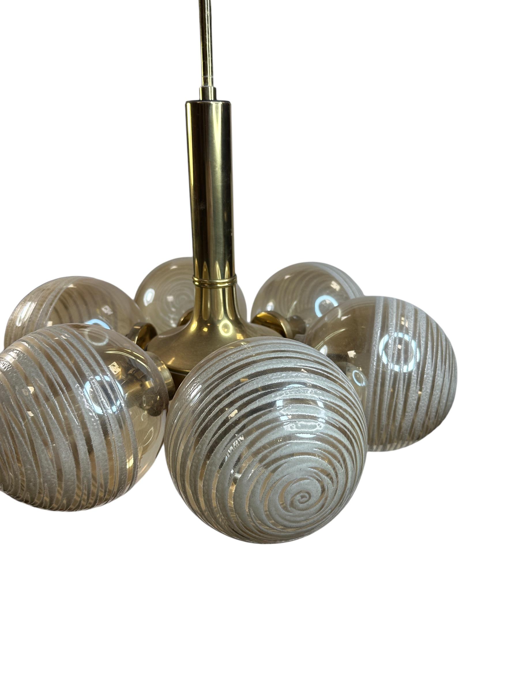 Late 20th Century 6 Light Sputnik Orbit Space Age Brass Swirl Glass Ball Chandelier Germany, 1970s For Sale