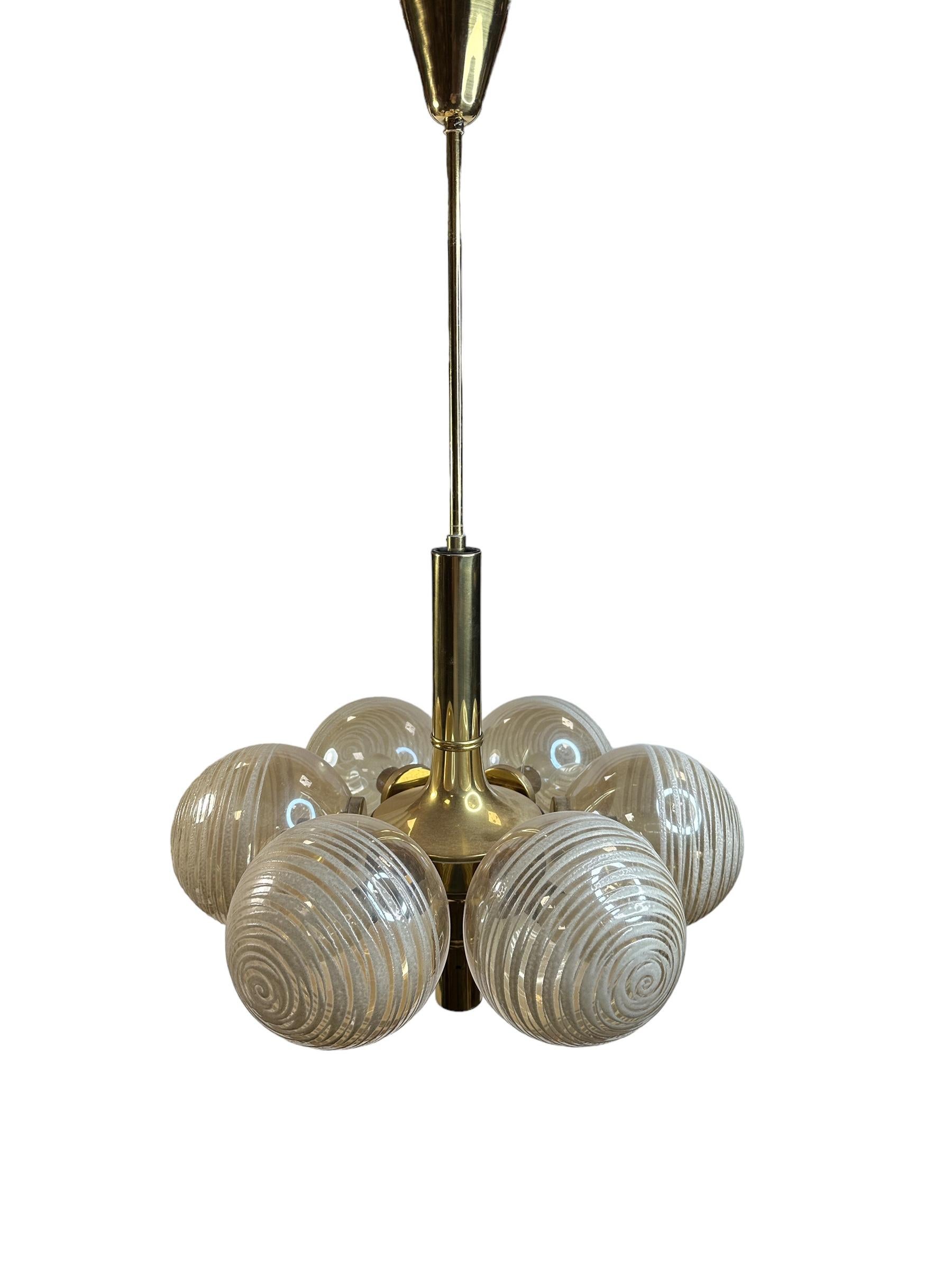 Metal 6 Light Sputnik Orbit Space Age Brass Swirl Glass Ball Chandelier Germany, 1970s For Sale