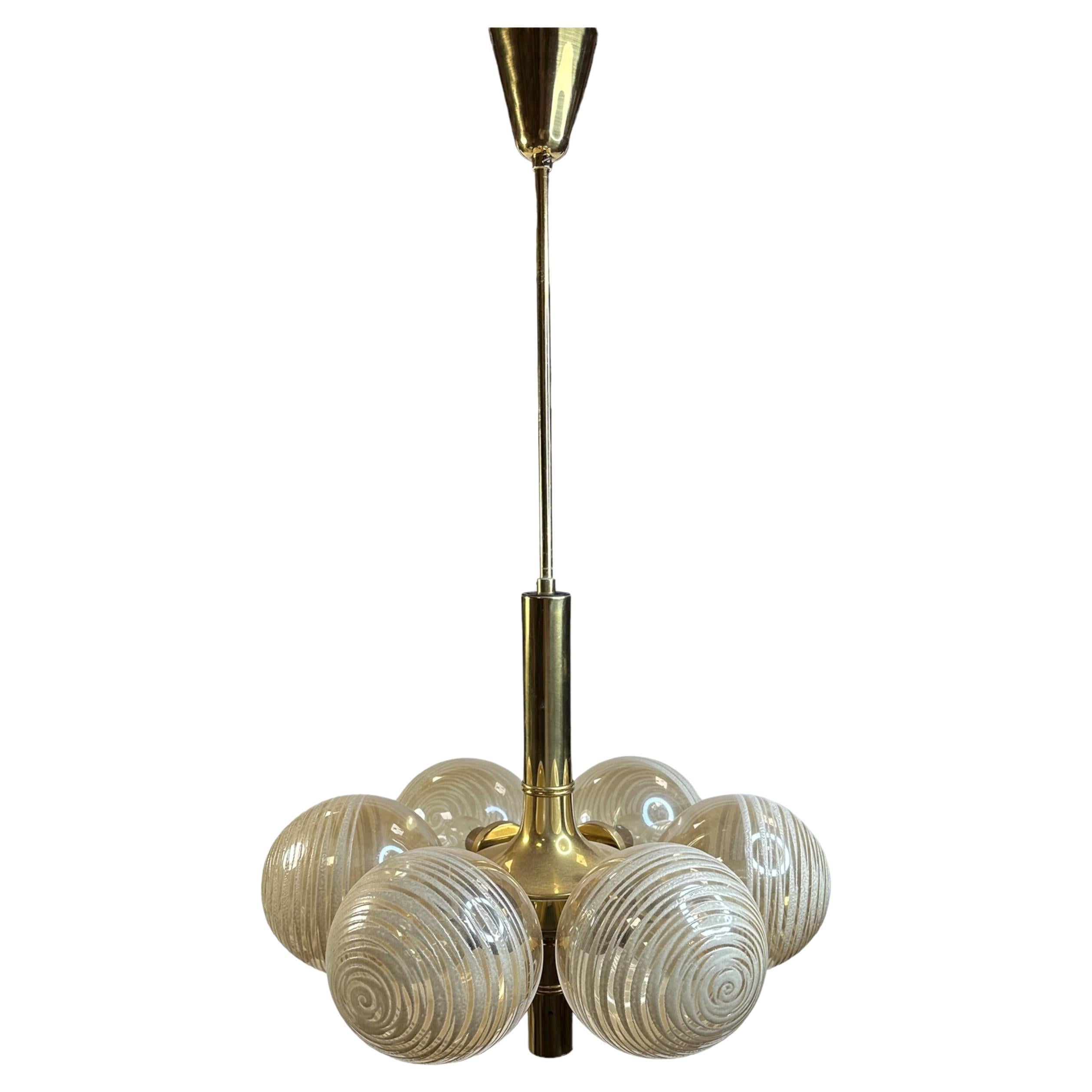 6 Light Sputnik Orbit Space Age Brass Swirl Glass Ball Chandelier Germany, 1970s