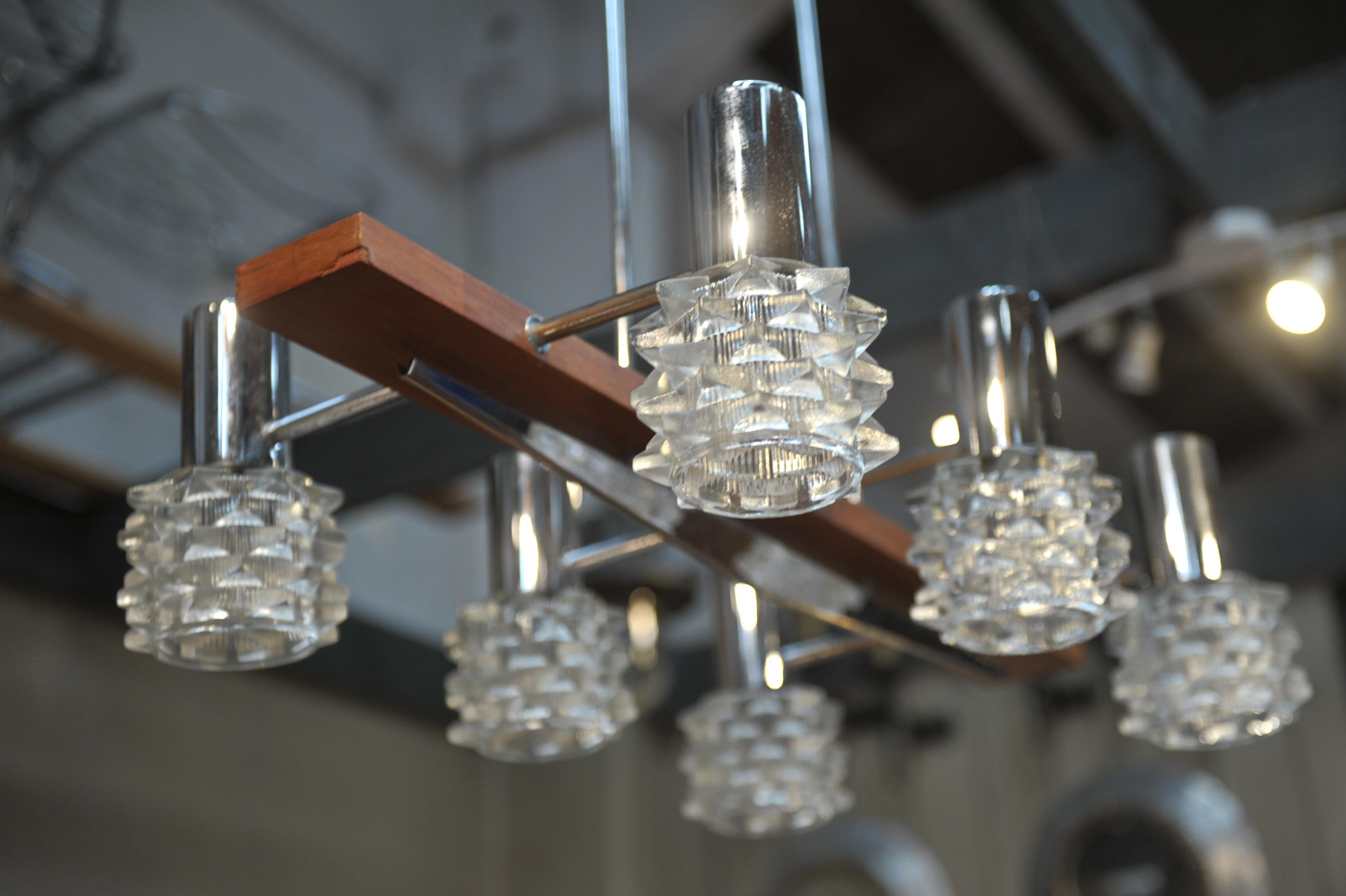 Late 20th Century 6-Light Teak Chrome and Glass Vintage Chandelier, 1970s For Sale