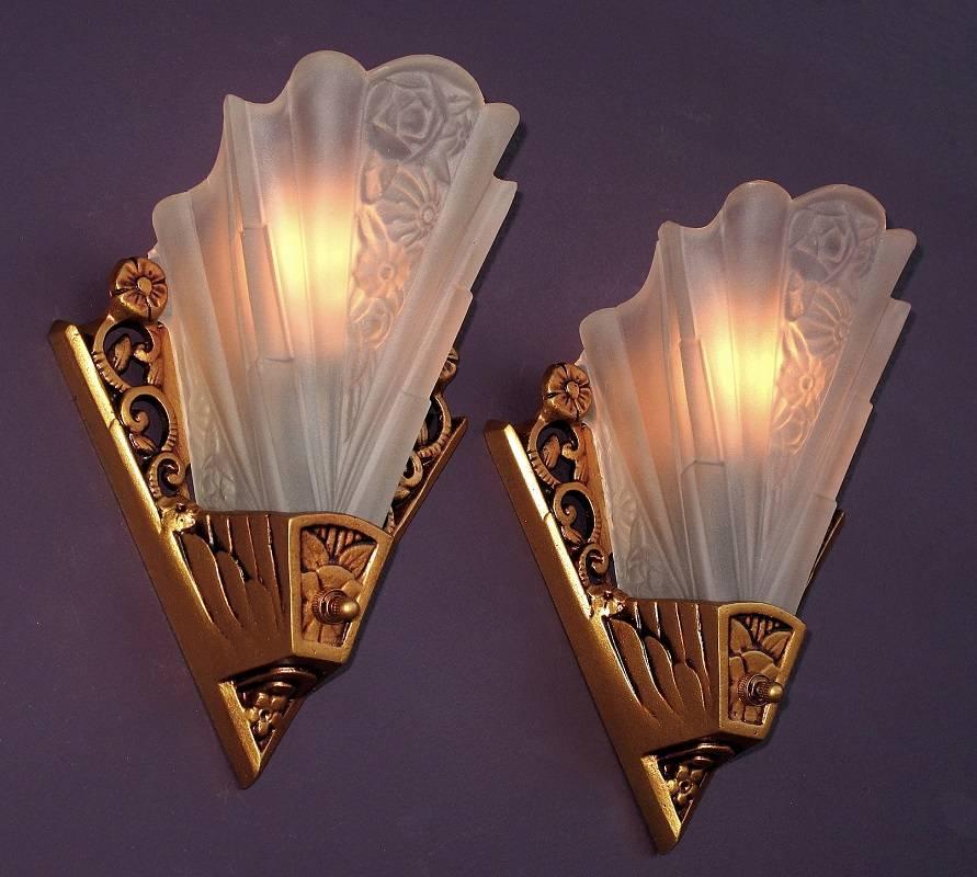 Fully engulfed Art Deco!
Six (possibly 7) available, priced each. Even with an Art Deco influence, these are right at home in any Bungalow setting, living room, or dining room; we have even placed these in several baths where their gracious