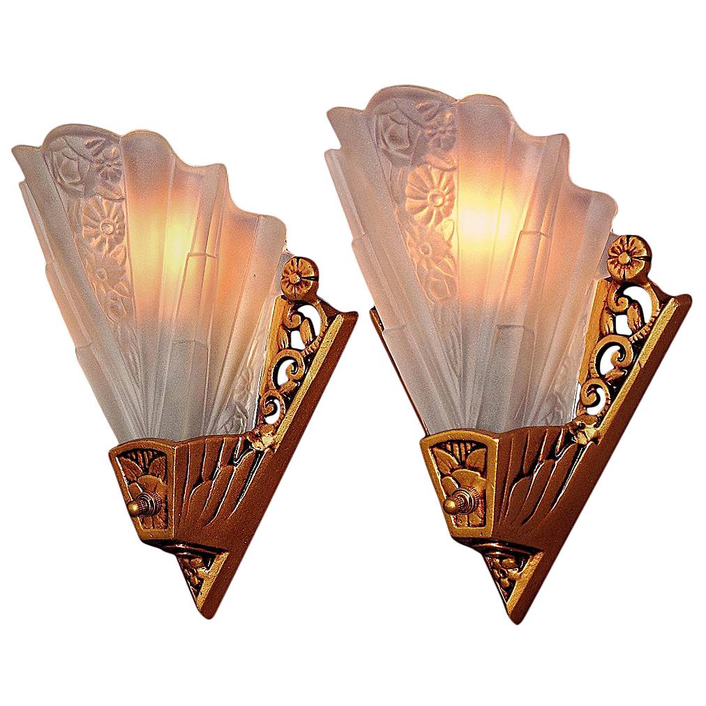 6 Lightolier Art Deco Bungalow Wall Sconces with Vintage Slip Shades