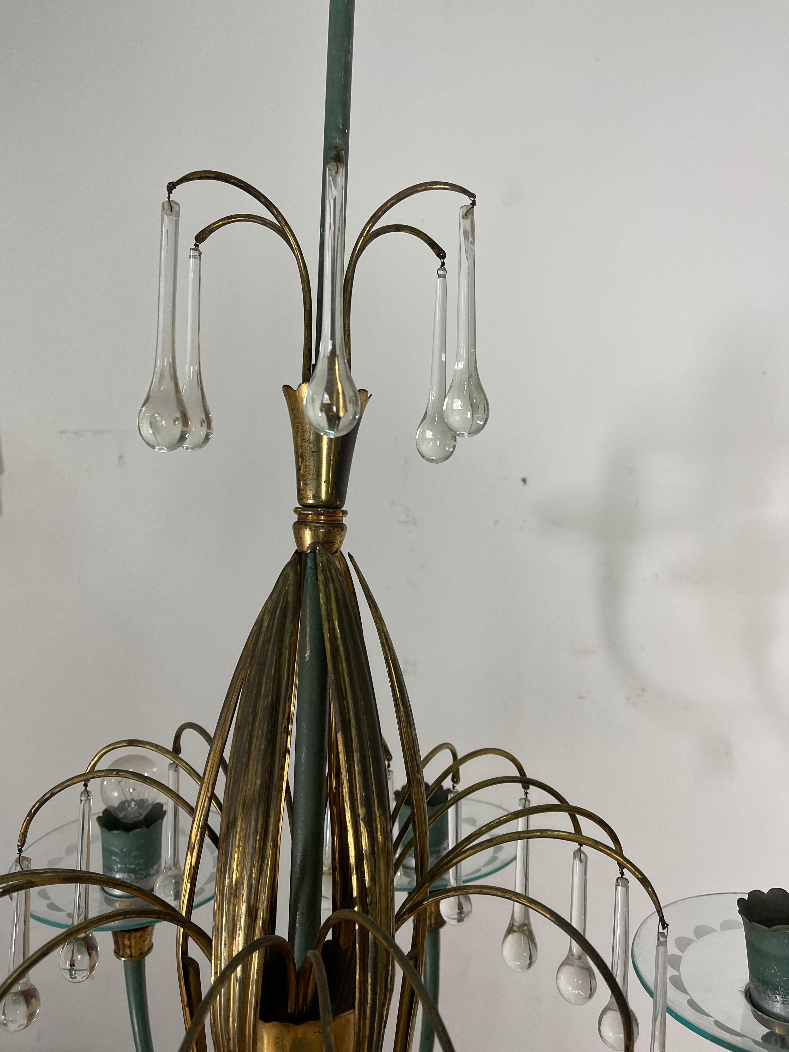 6 lights enamelled brass chandelier attributable to Pietro Chiesa per Arte.