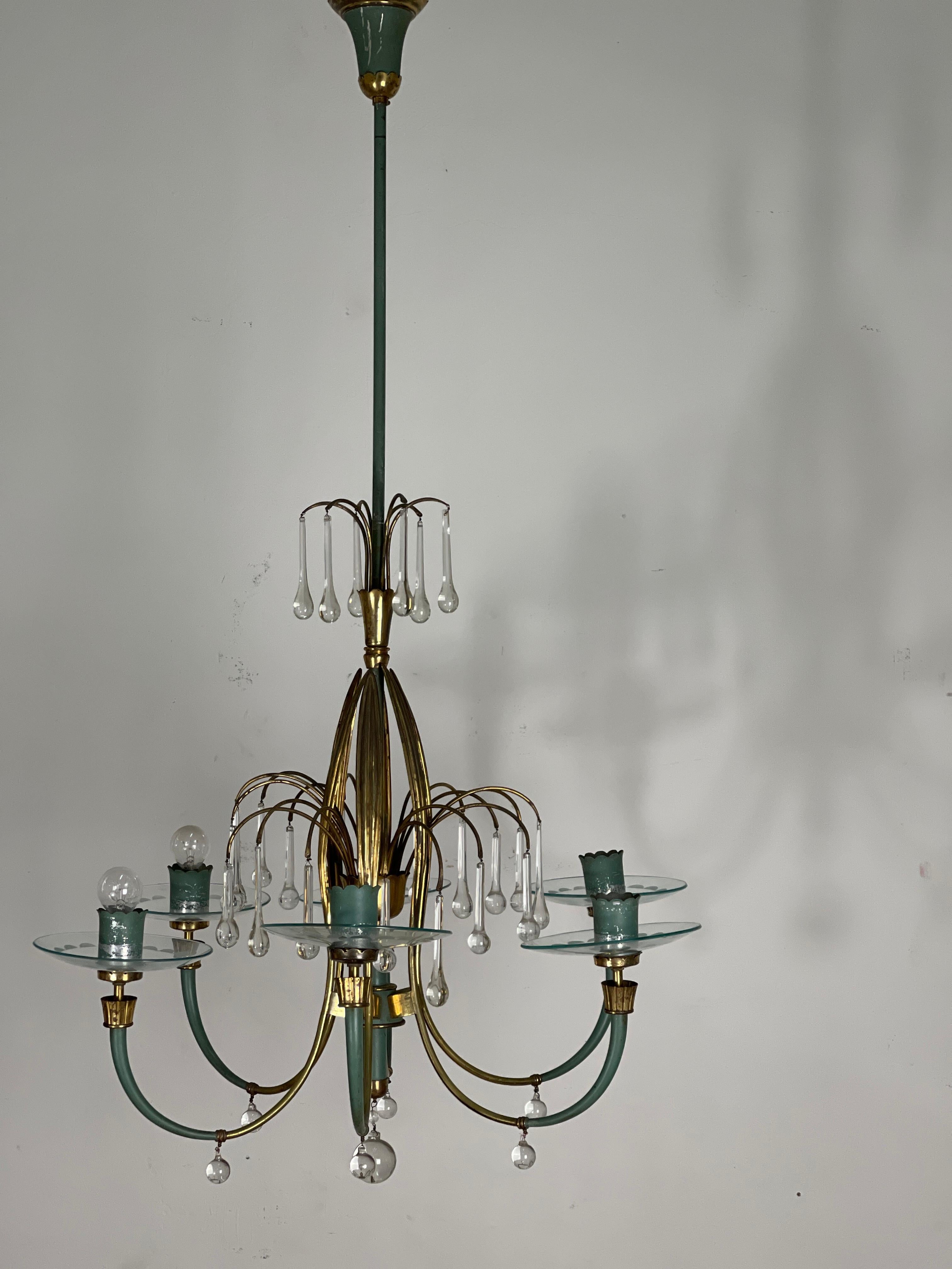 Brass 6 Lights Fontana Arte Chandelier For Sale