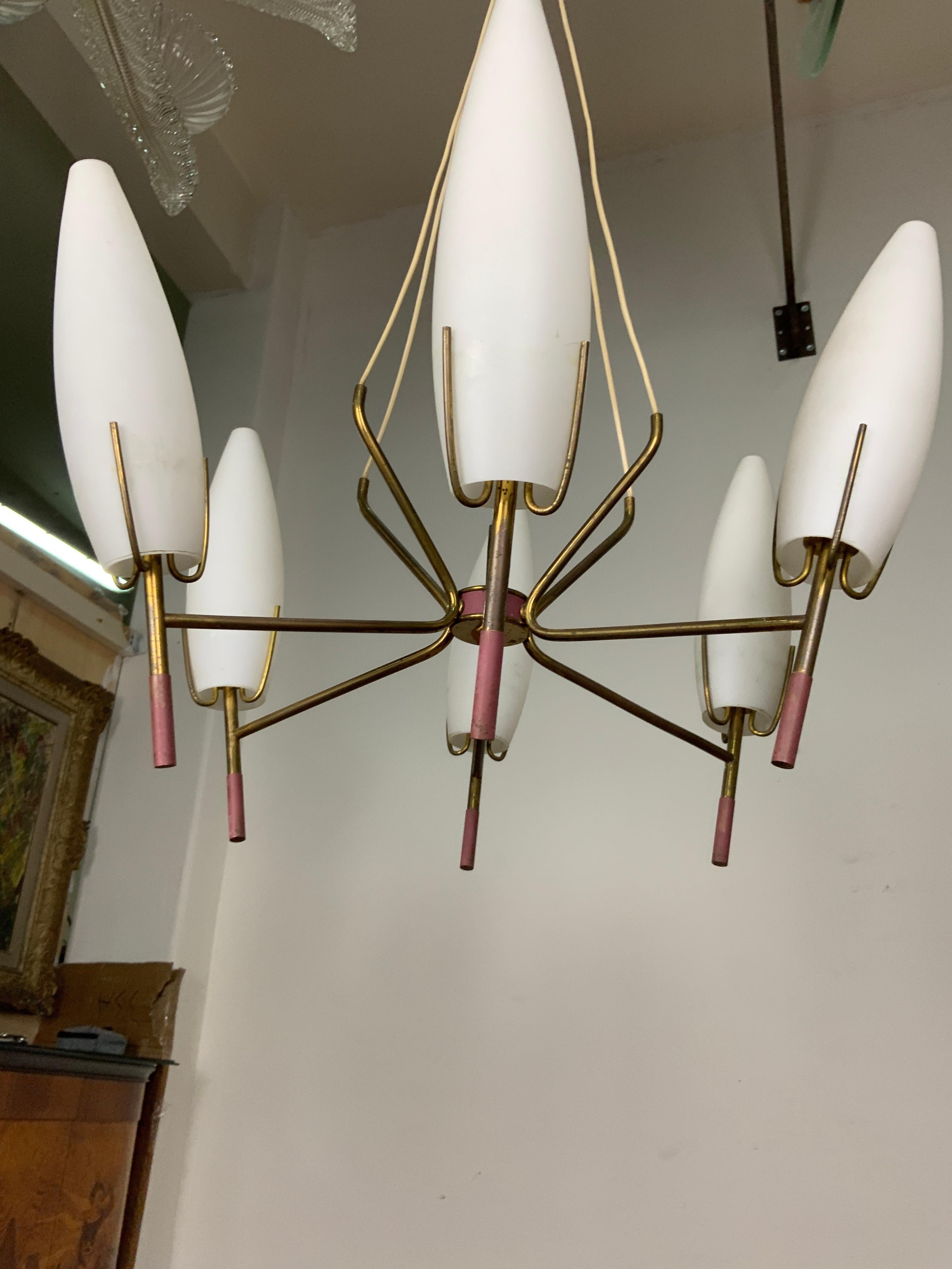 Brass 6 Lights Stilnovo Chandelier For Sale