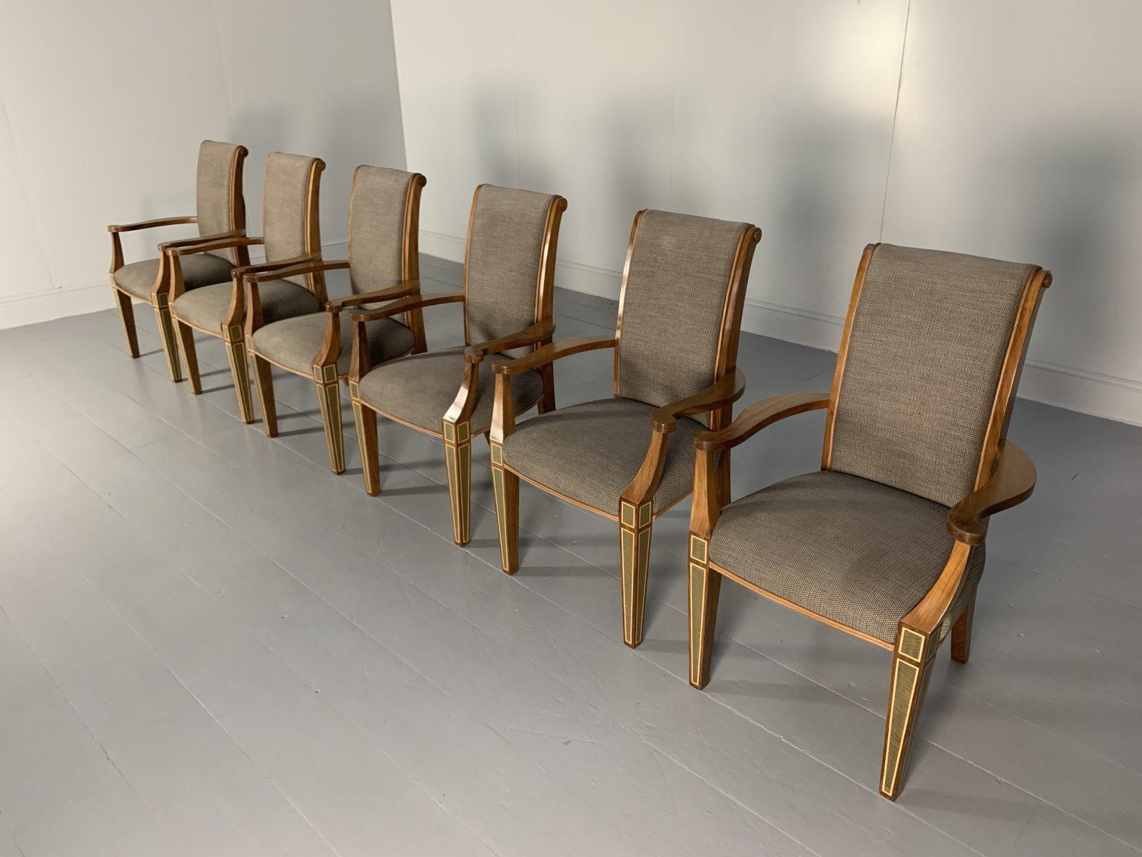 Contemporary 6 Linley “Carver” Dining Chairs, in Woven Fabric & Leather
