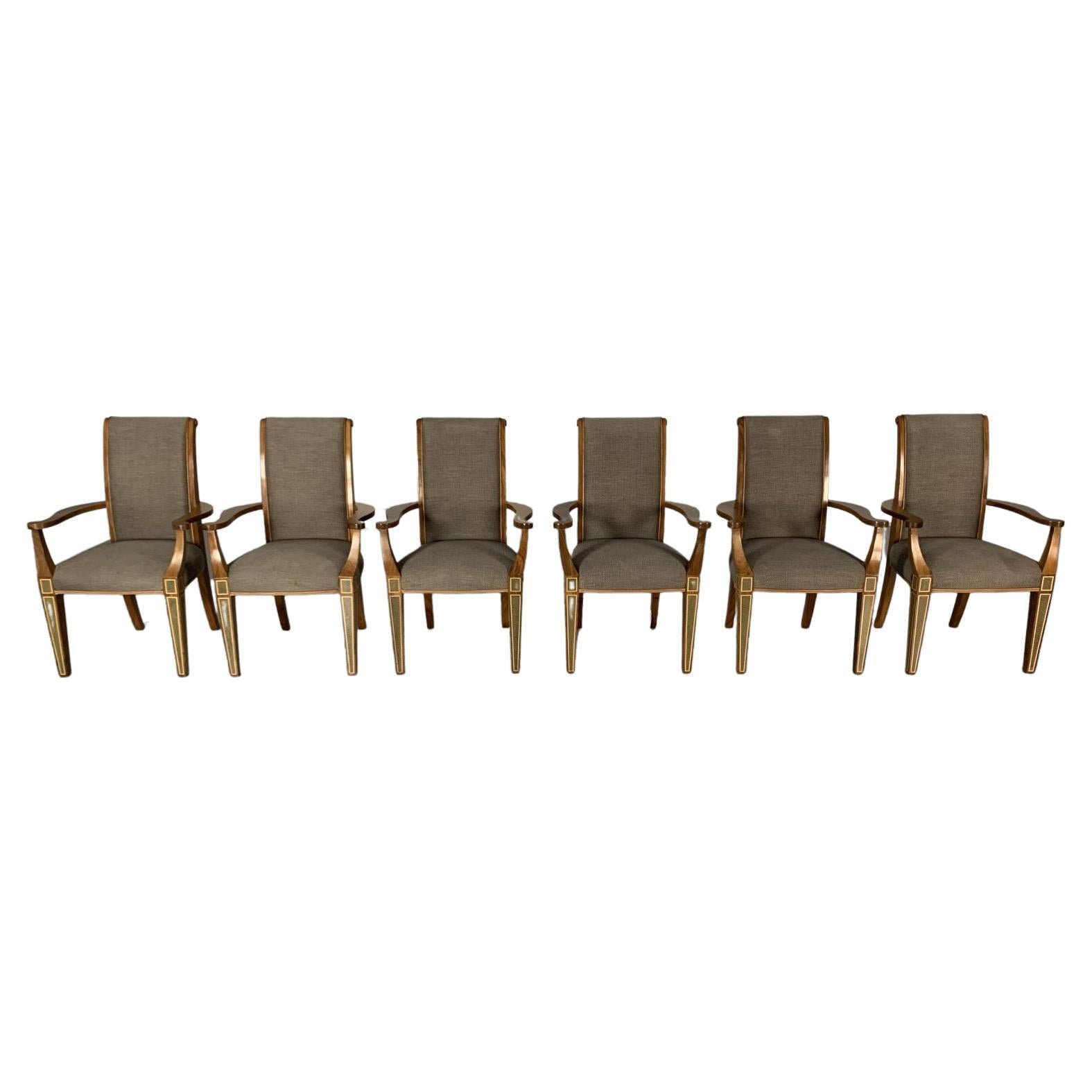 6 Linley “Carver” Dining Chairs, in Woven Fabric & Leather For Sale