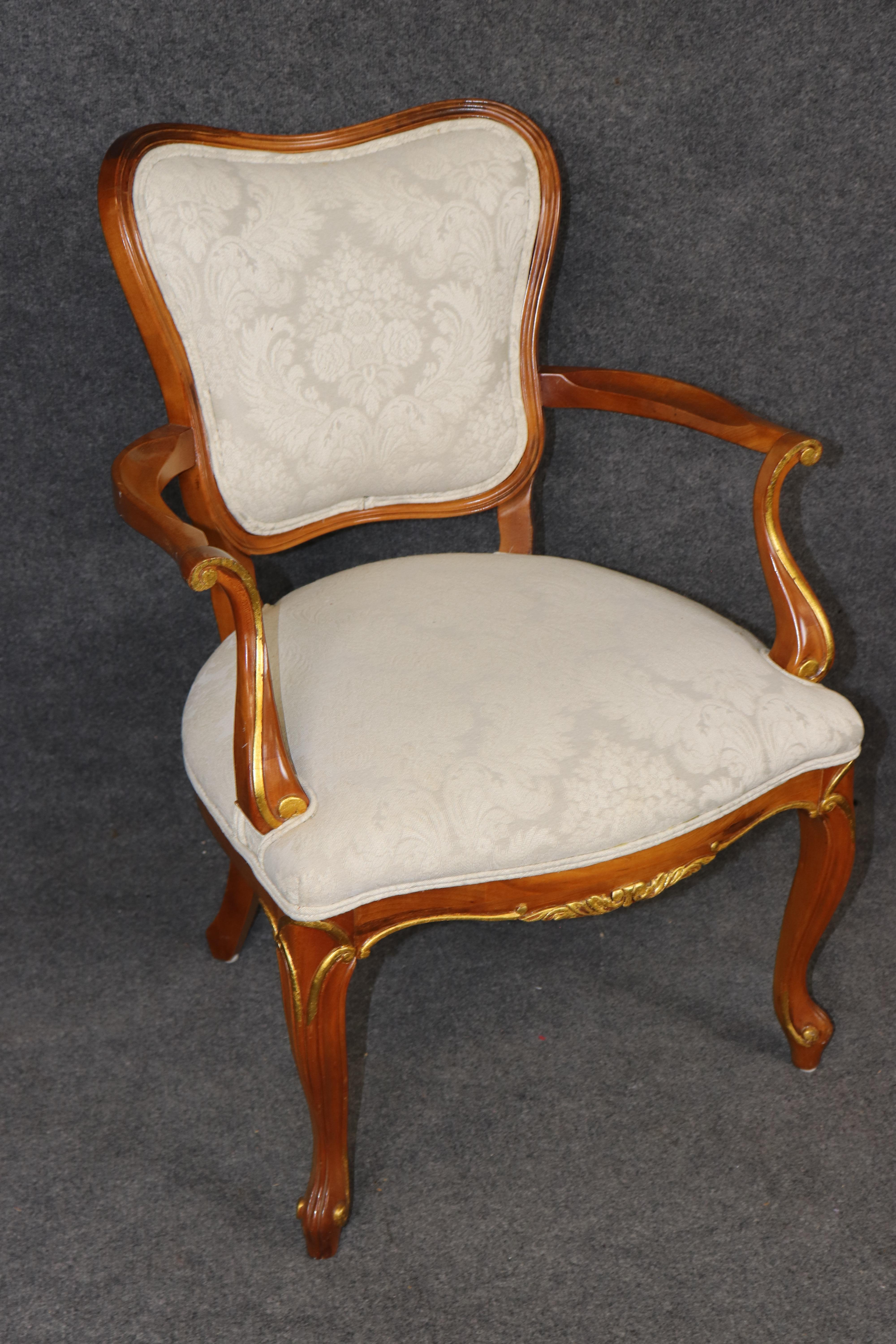 6 Louis XV Style Carved Walnut and Gilt Accent Dining Chairs For Sale 1