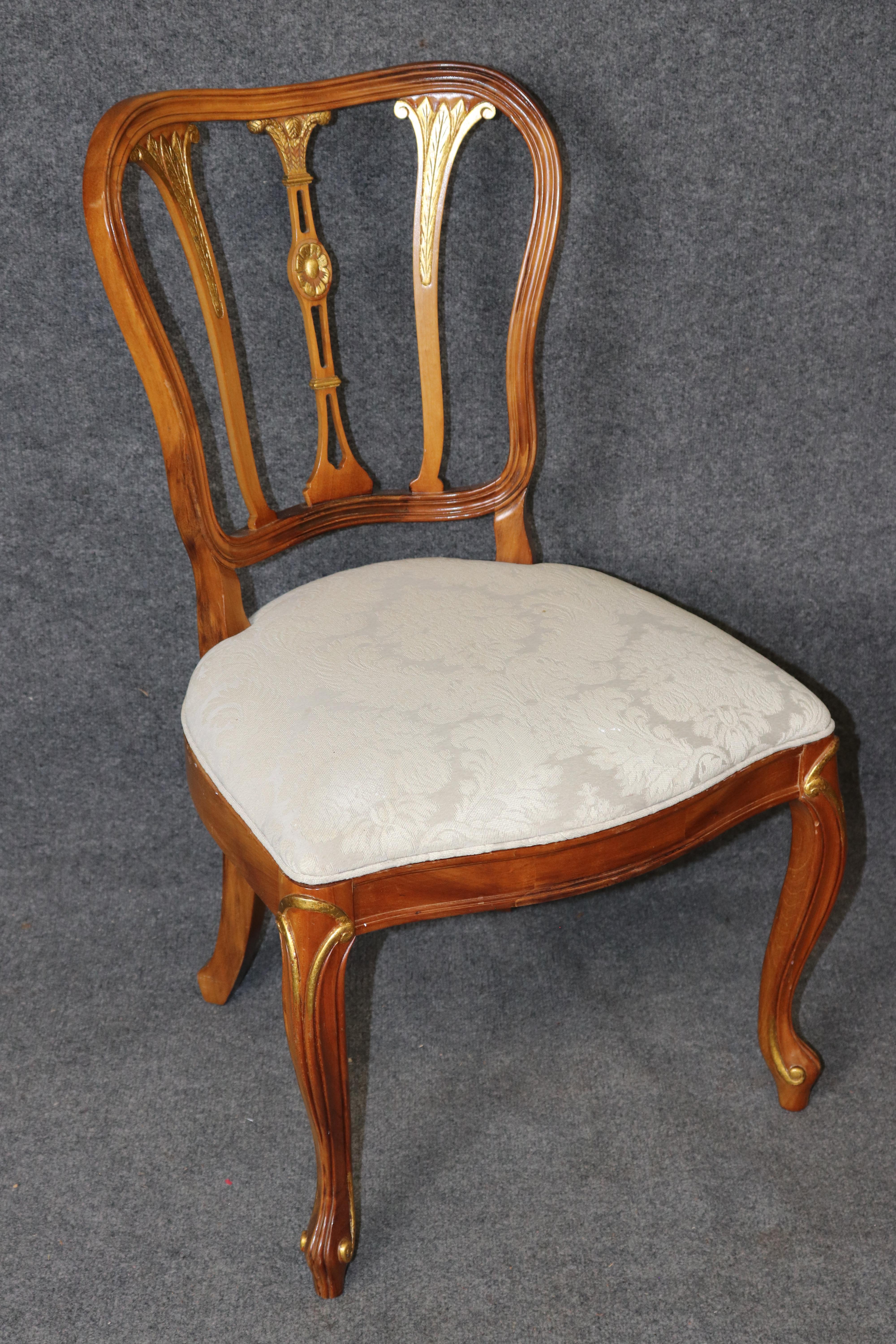 6 Louis XV Style Carved Walnut and Gilt Accent Dining Chairs For Sale 2