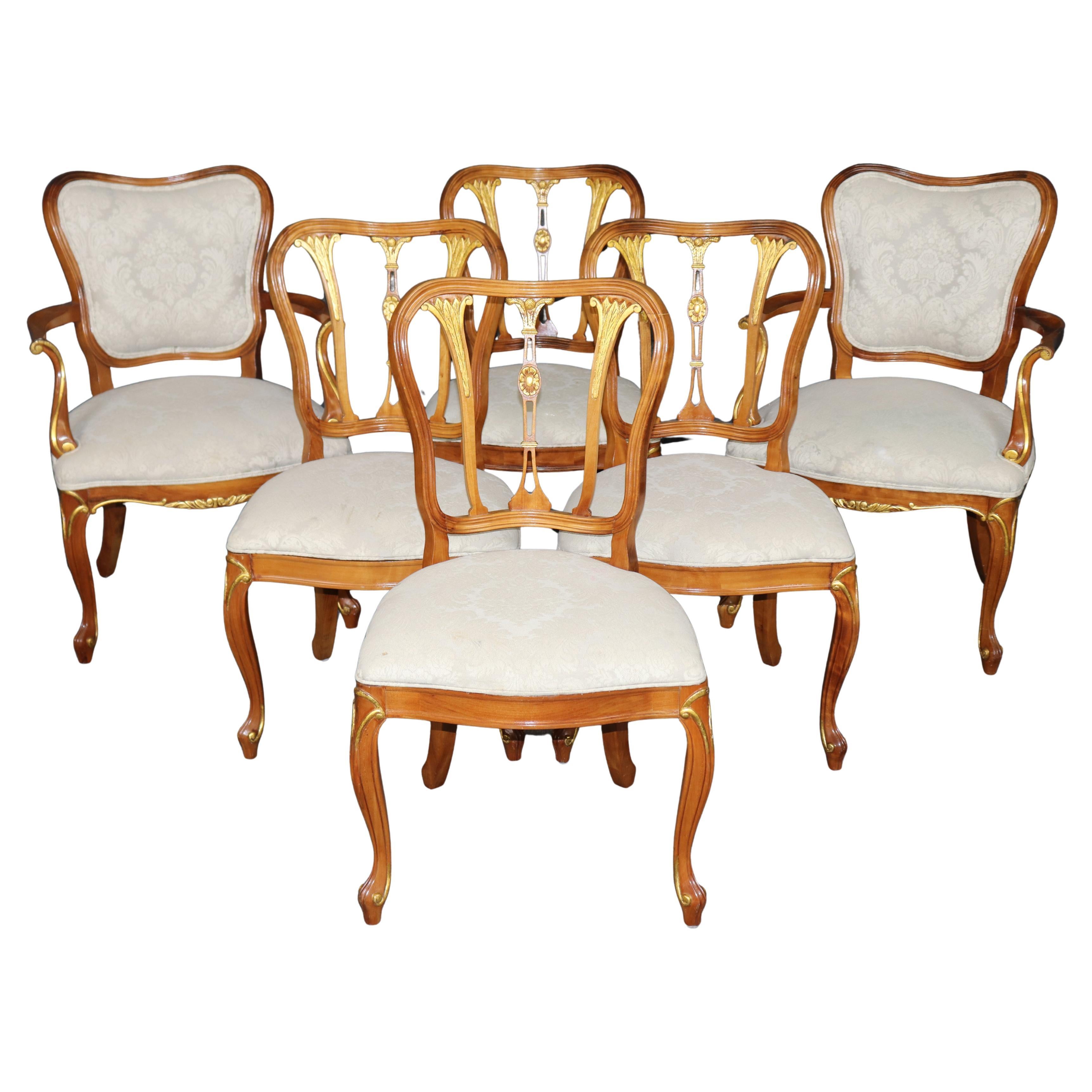 6 Louis XV Style Carved Walnut and Gilt Accent Dining Chairs For Sale