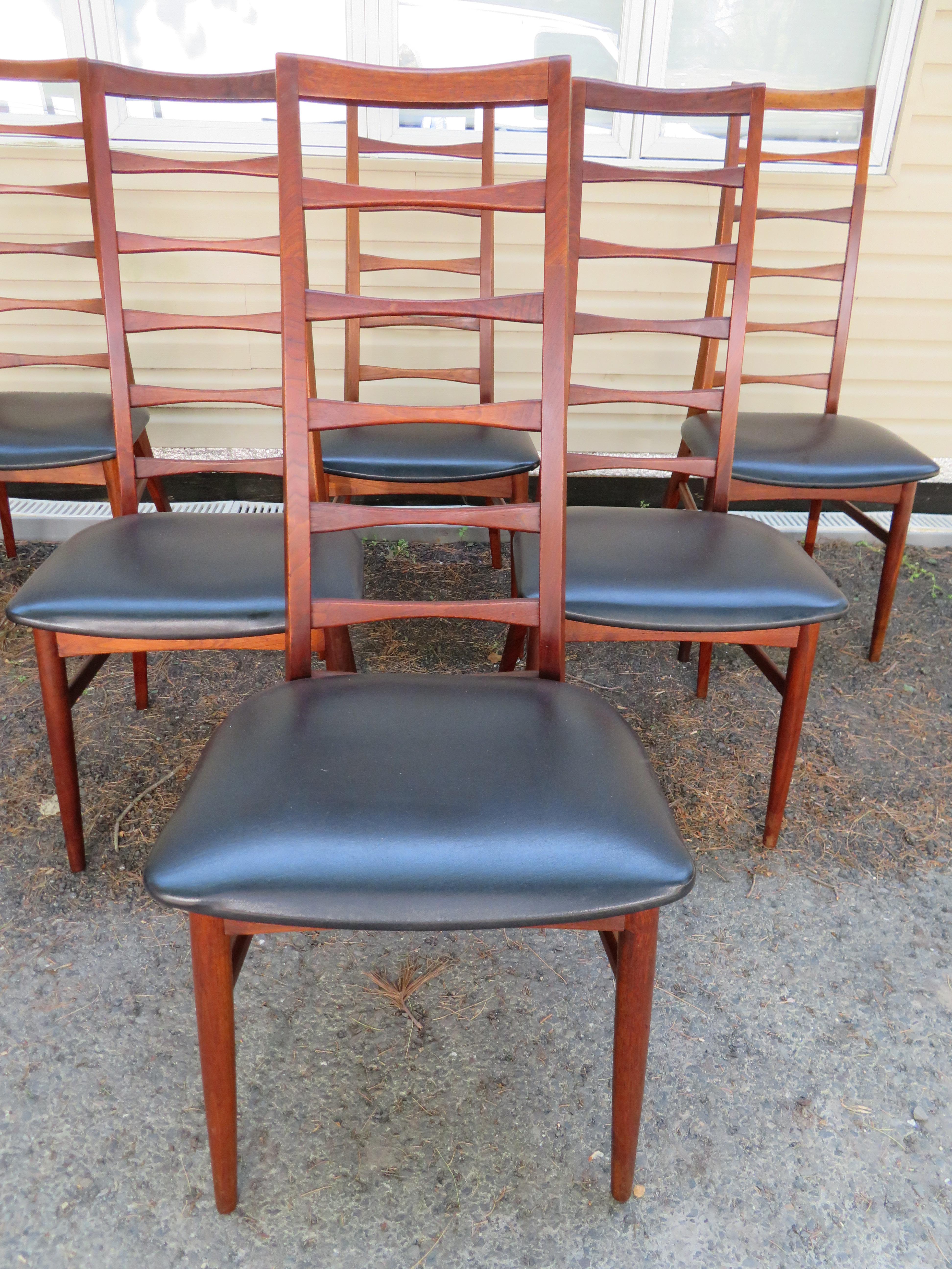 Lovely set of 6 extra tall teak Niels Kofoed style Danish modern ladderback Liz chairs. These chairs are unmarked hence the style in the title but they came from a home filled with high end Danish pieces so these are very high quality. The chairs