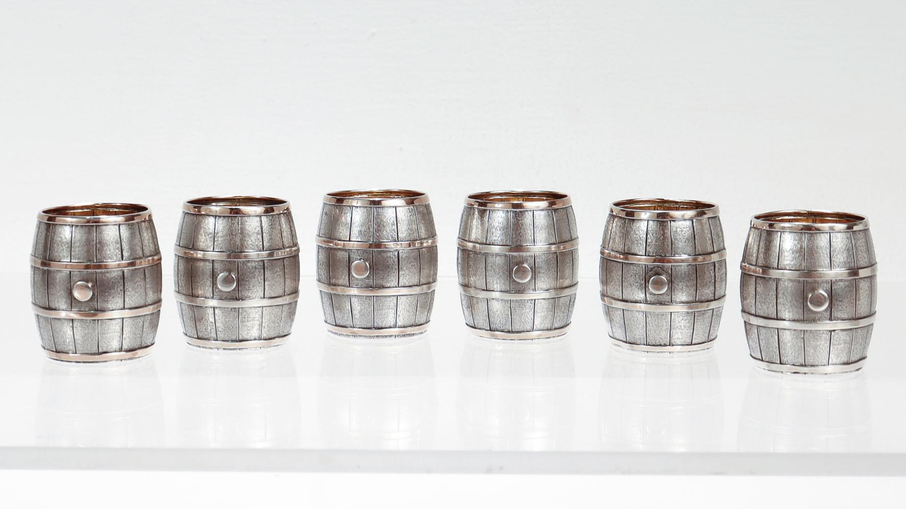 Women's or Men's 6 Luigi Pallotti & Fils Parcel Gilt Italian Silver Figural Barrel Shot Glasses For Sale