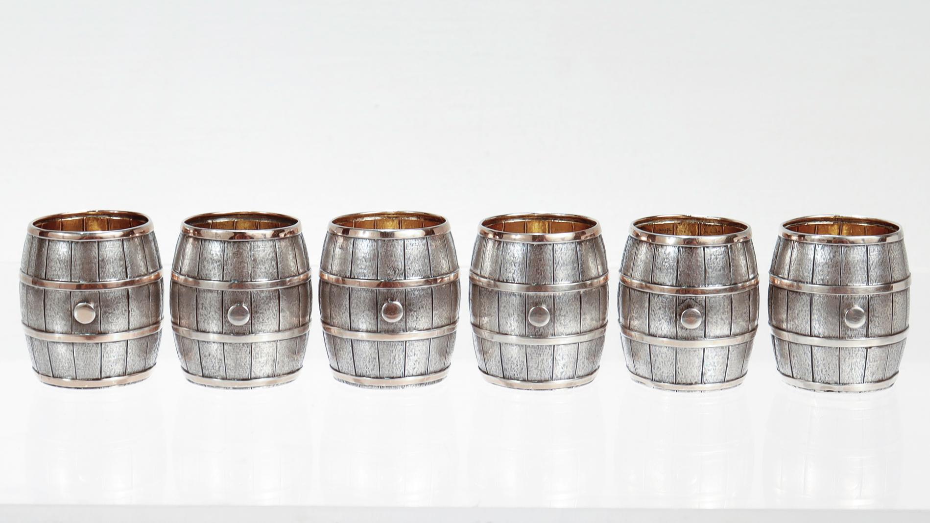 6 Luigi Pallotti & Fils Parcel Gilt Italian Silver Figural Barrel Shot Glasses For Sale 1