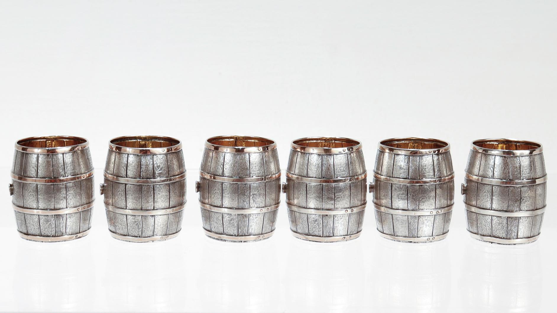 6 Luigi Pallotti & Fils Parcel Gilt Italian Silver Figural Barrel Shot Glasses For Sale 2