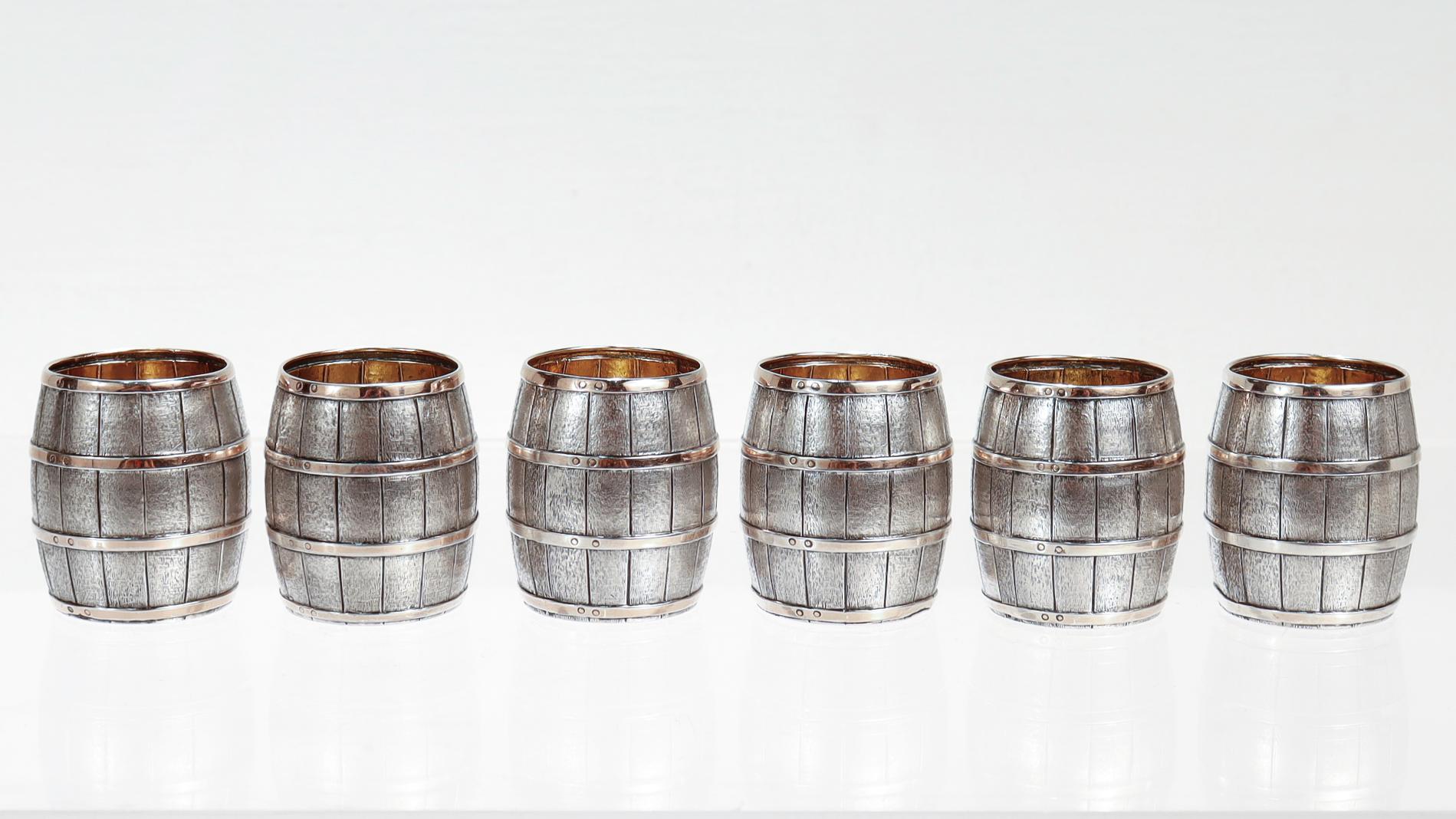 6 Luigi Pallotti & Fils Parcel Gilt Italian Silver Figural Barrel Shot Glasses For Sale 3