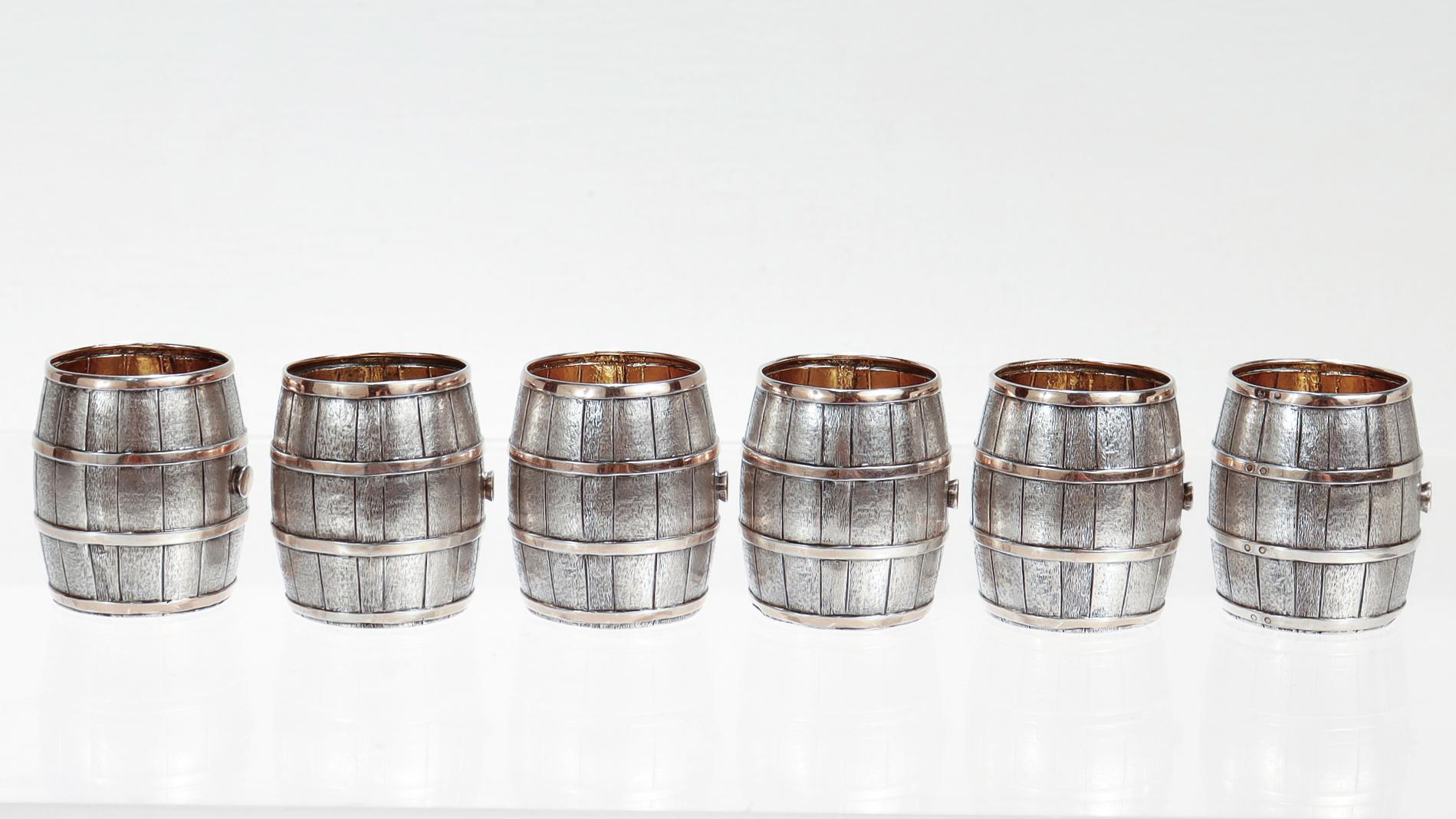 6 Luigi Pallotti & Fils Parcel Gilt Italian Silver Figural Barrel Shot Glasses For Sale 4