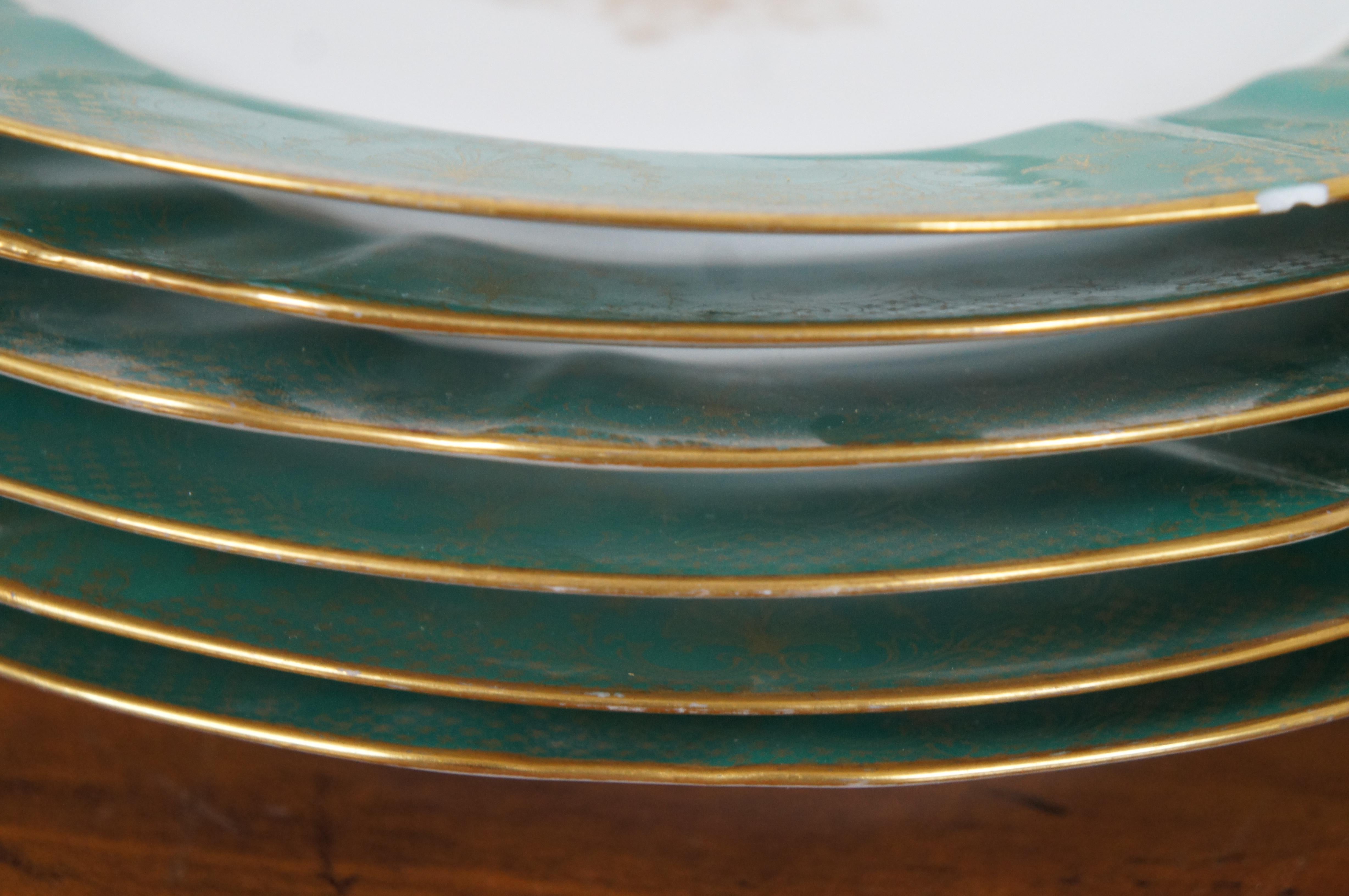 6 M Redon Limoges La Porcelain Limousine Green Gold Salad Lunch Plates 5