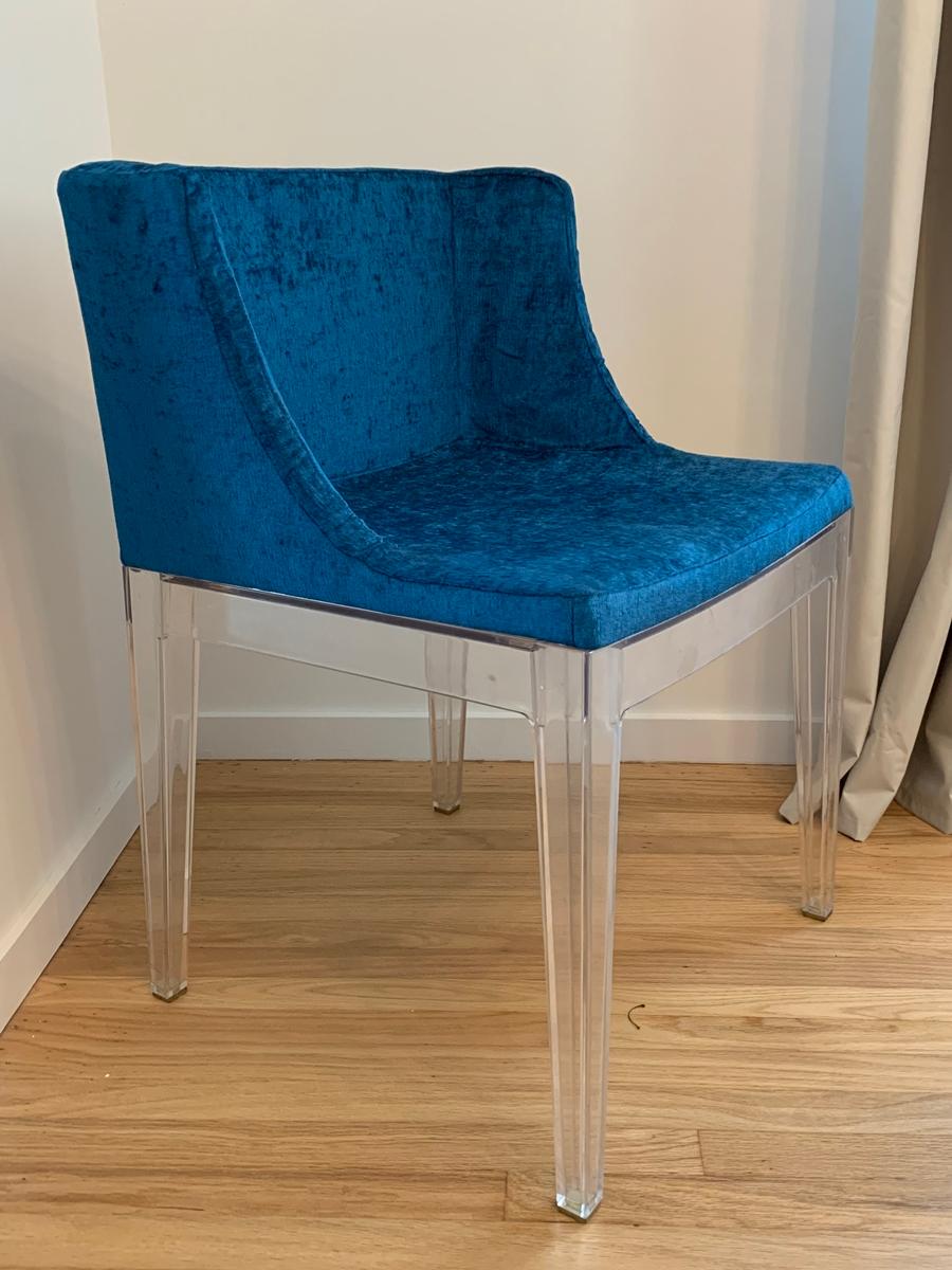 6 Mademoiselle Chairs by Philippe Starck, 4 Kartell in Blue Romo Fabric 2