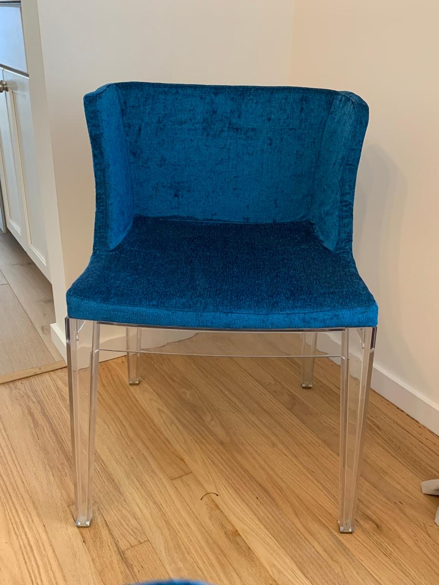 6 Mademoiselle Chairs by Philippe Starck, 4 Kartell in Blue Romo Fabric 3