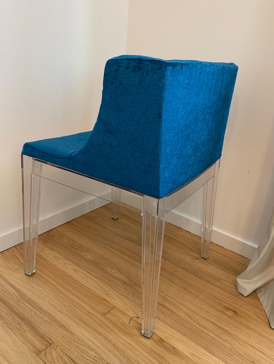 6 Mademoiselle Chairs by Philippe Starck, 4 Kartell in Blue Romo Fabric 8