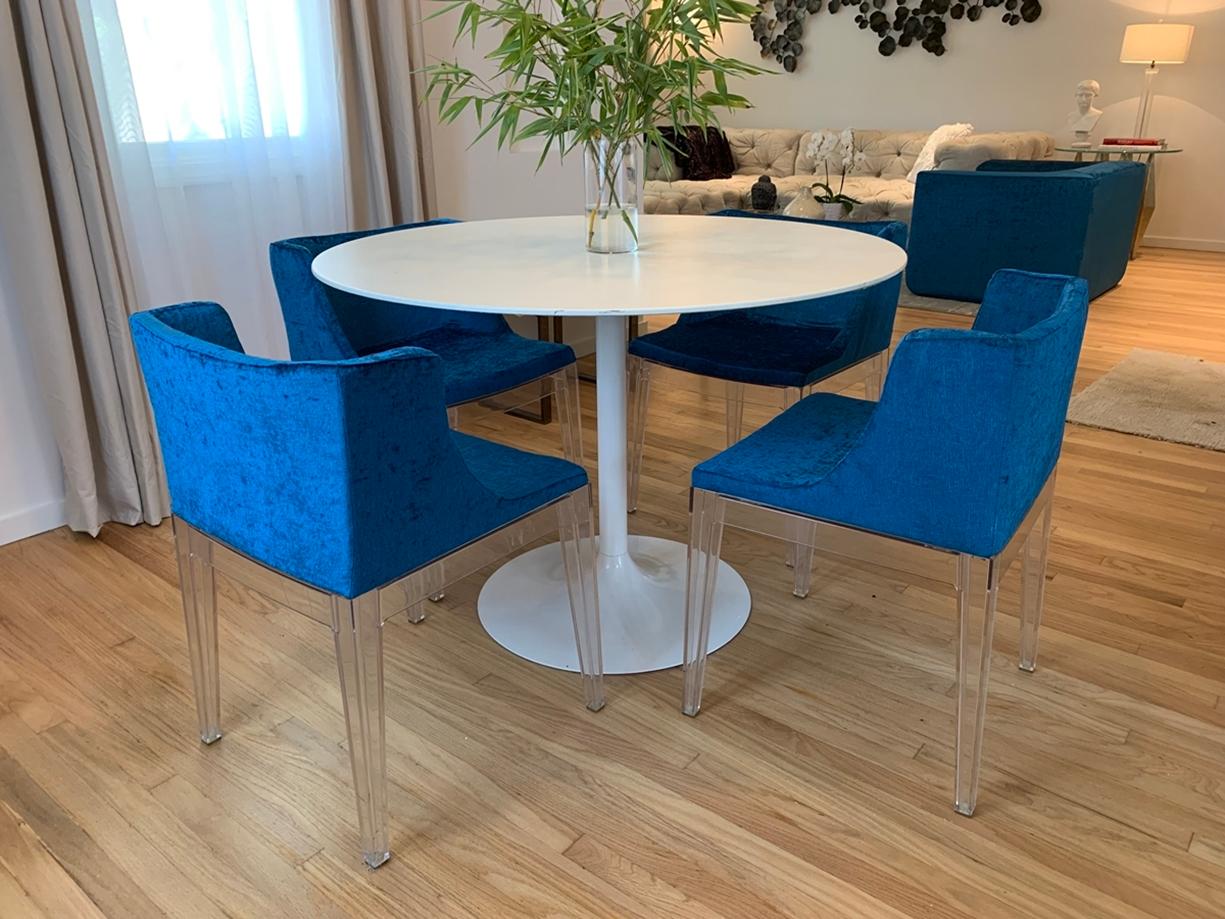 6 Mademoiselle Chairs by Philippe Starck, 4 Kartell in Blue Romo Fabric In Good Condition In Los Angeles, CA