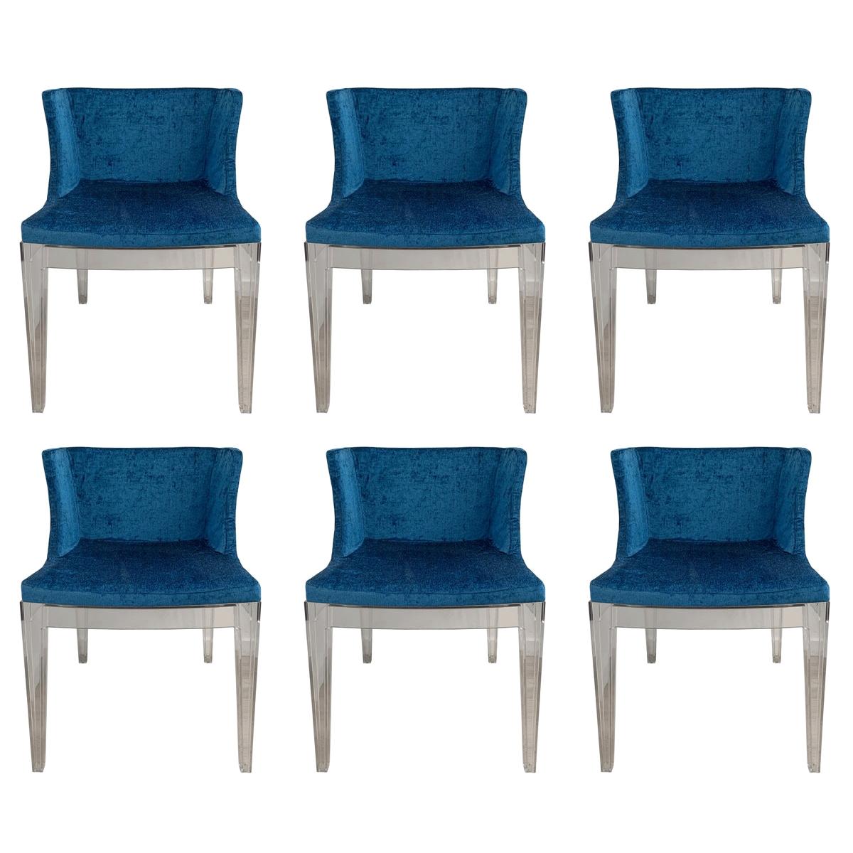 6 Mademoiselle Chairs by Philippe Starck, 4 Kartell in Blue Romo Fabric