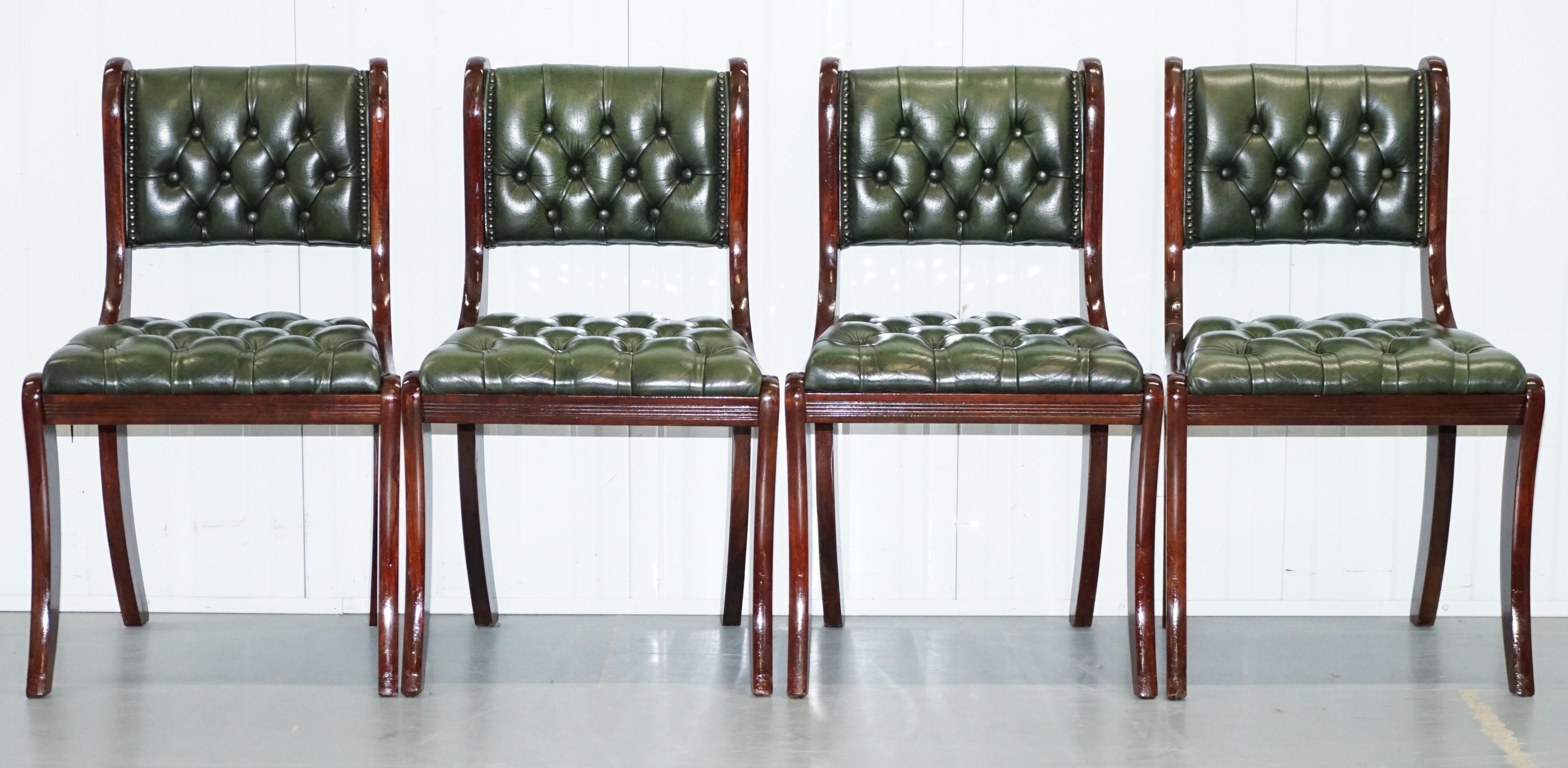 We are delighted to offer for auction this lovely set of 6 original Beresford & Hicks England green Chesterfield leather genuine hide mahogany framed dining chairs.

A lovely solid mahogany set with nice vintage Chesterfield buttoned green leather