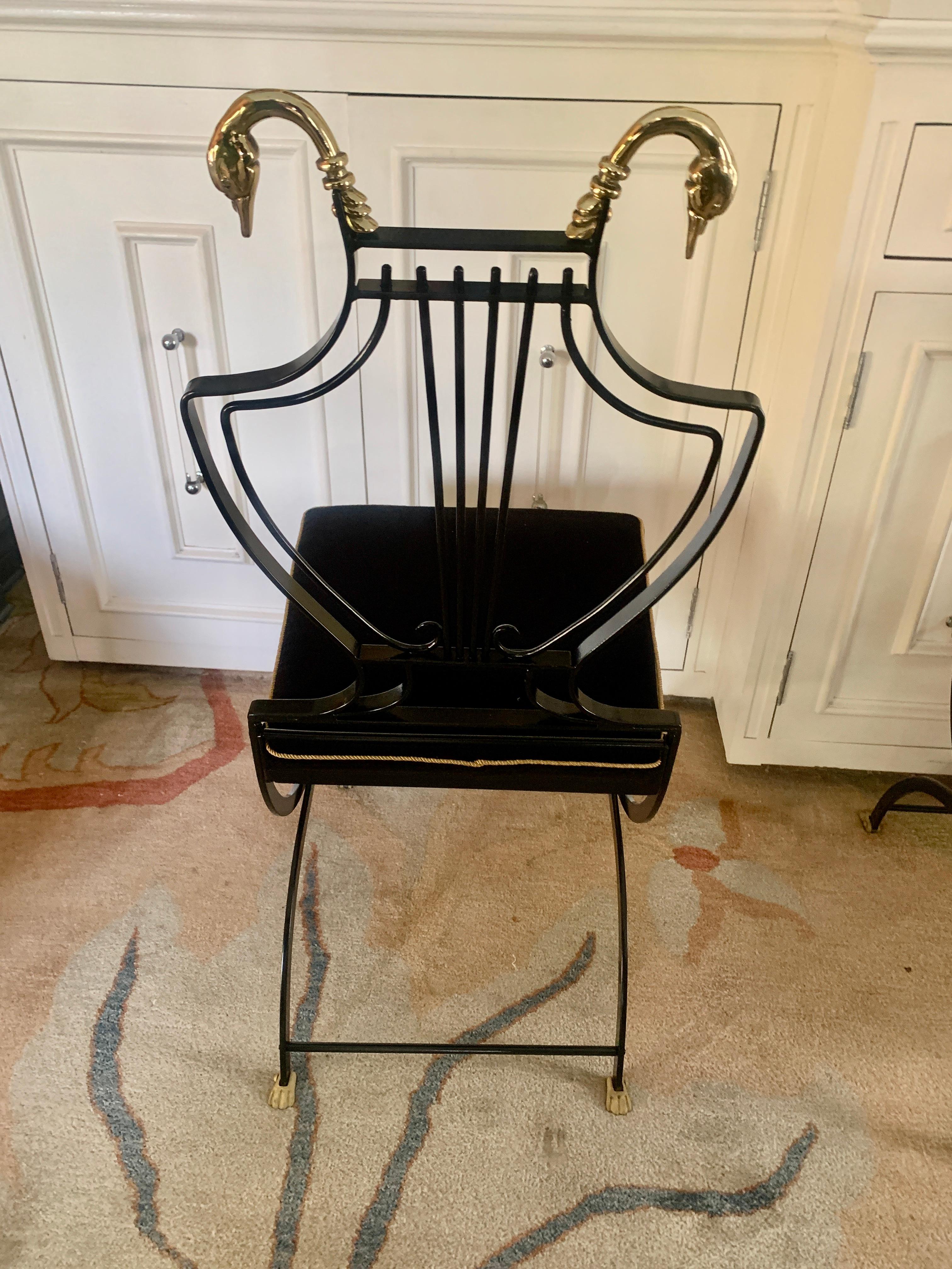 Velvet 6 Maison Jansen Brass Swan and Black Lyre Back Folding Chairs with Claw feet For Sale