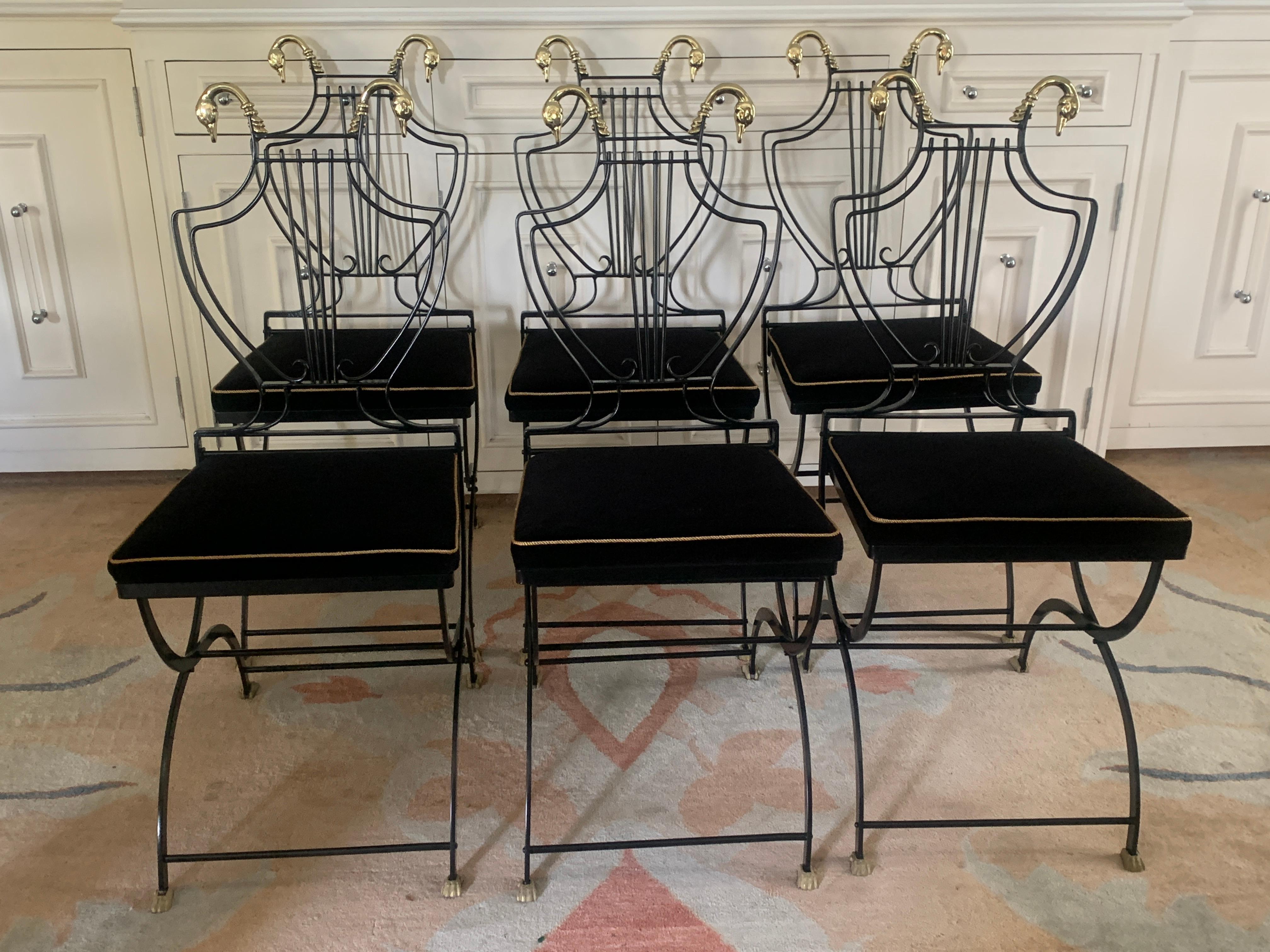 Mid-Century Modern 6 Maison Jansen Brass Swan and Black Lyre Back Folding Chairs with Claw feet For Sale