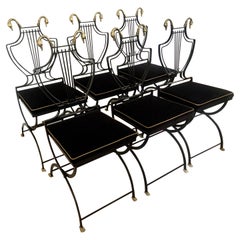 6 Maison Jansen Brass Swan and Black Lyre Back Folding Chairs with Claw feet