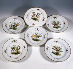6 Meissen Splendour Plates, Dulong Relief With Finest Bird Painting C. 1850