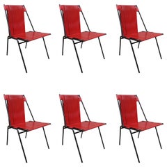 6 Metal and Red Fiber Midcentury Italian Chairs, 1950