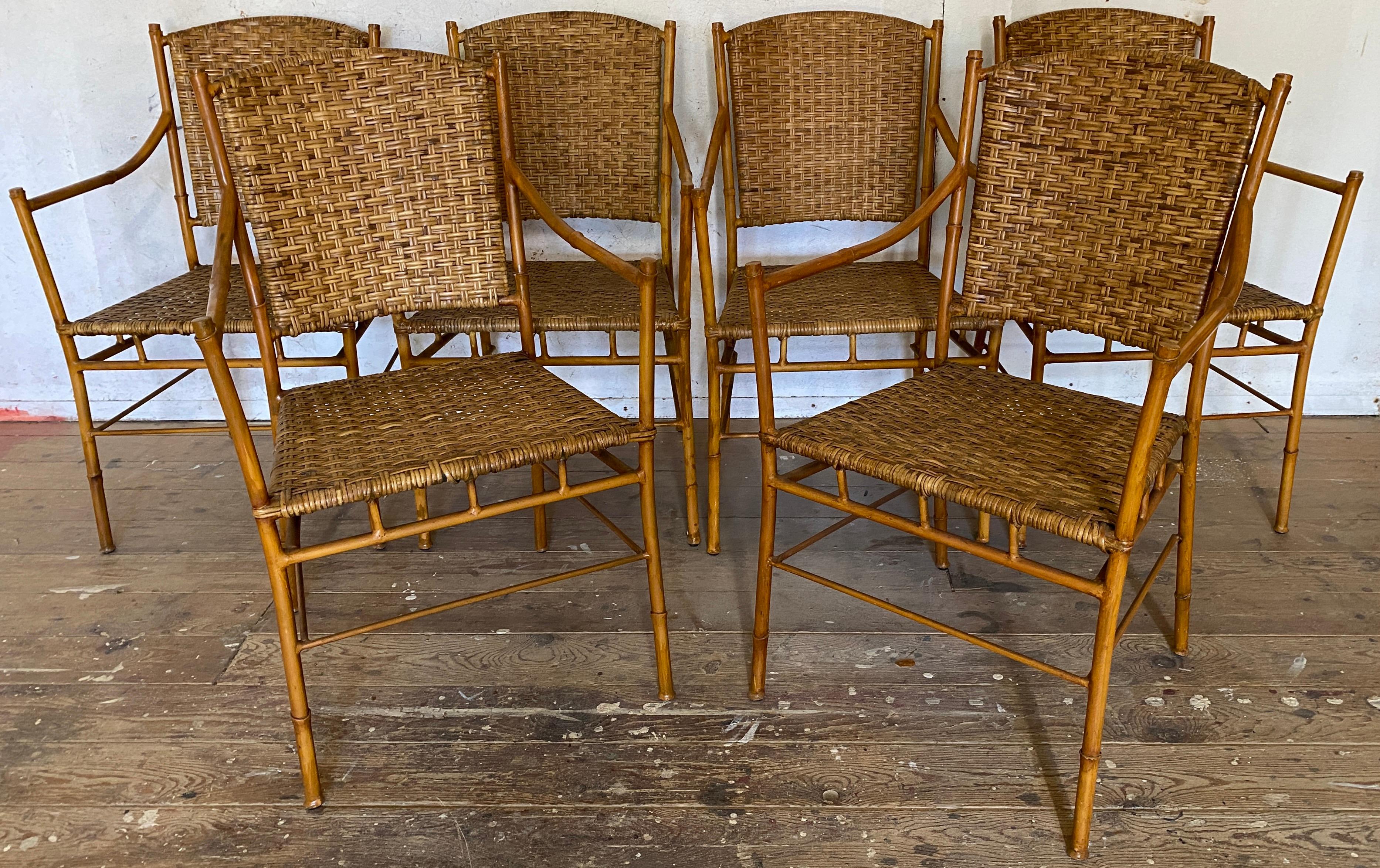 Mid-Century Modern 6 Mid C Metal Faux Bamboo Rattan Patio Dining Arm Chairs For Sale