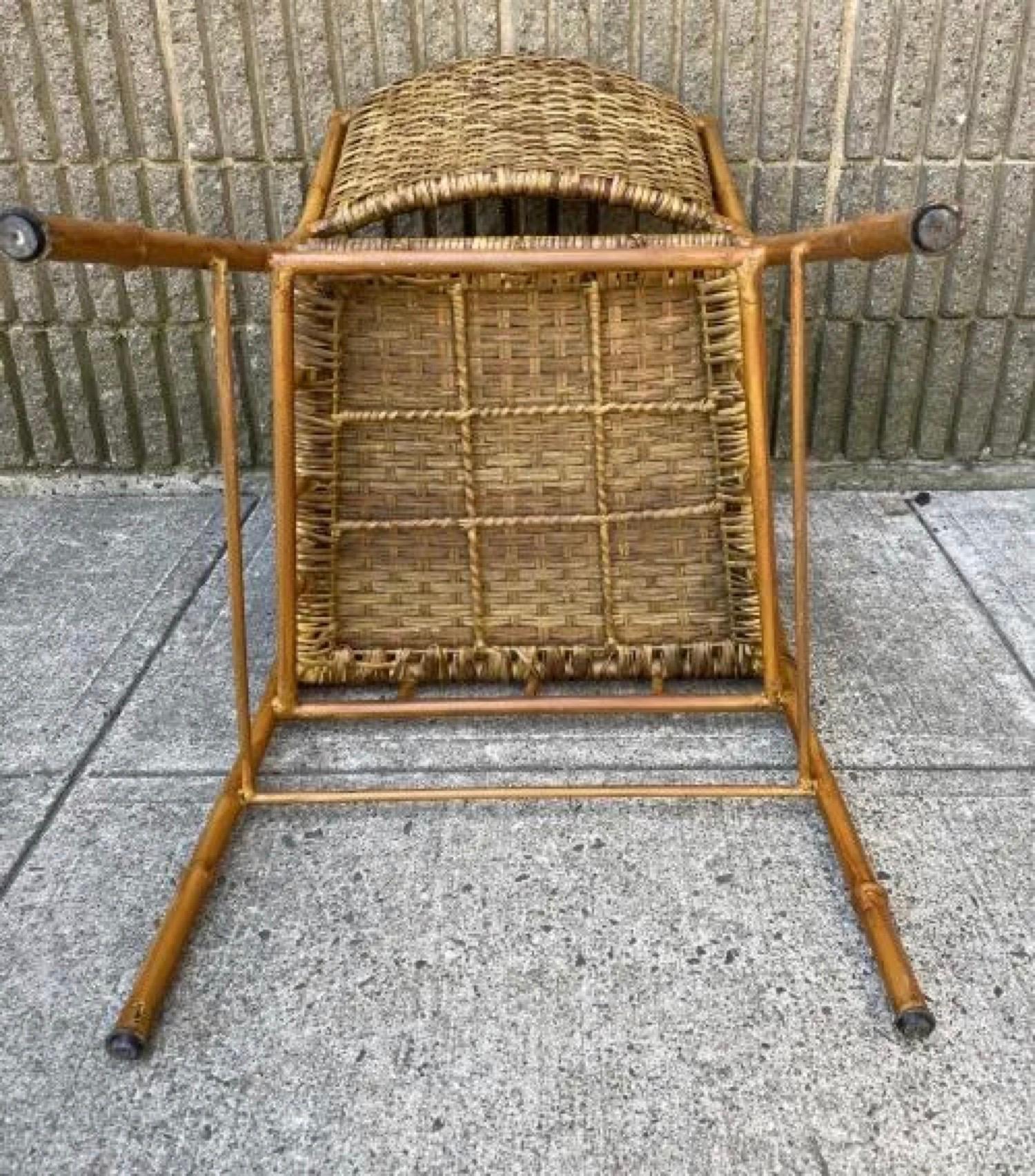 Woven 6 Mid C Metal Faux Bamboo Rattan Patio Dining Arm Chairs For Sale