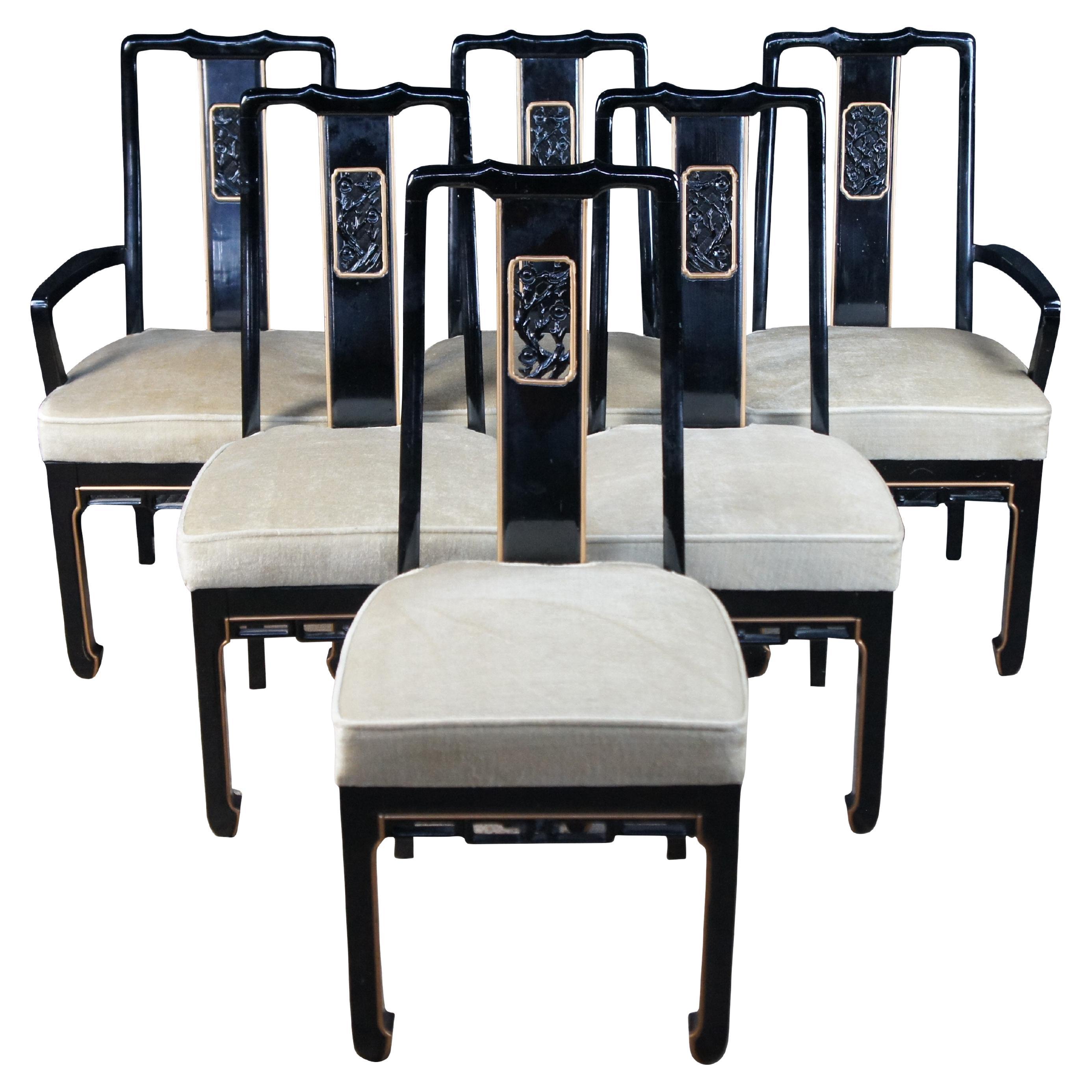 6 Sillas de Comedor de Chinoiserie Oriental de Mediados de Siglo Lacadas en Negro en venta