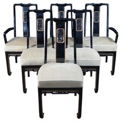 6 Mid Century Black Lacquered Oriental Chinoiserie Dining Chairs