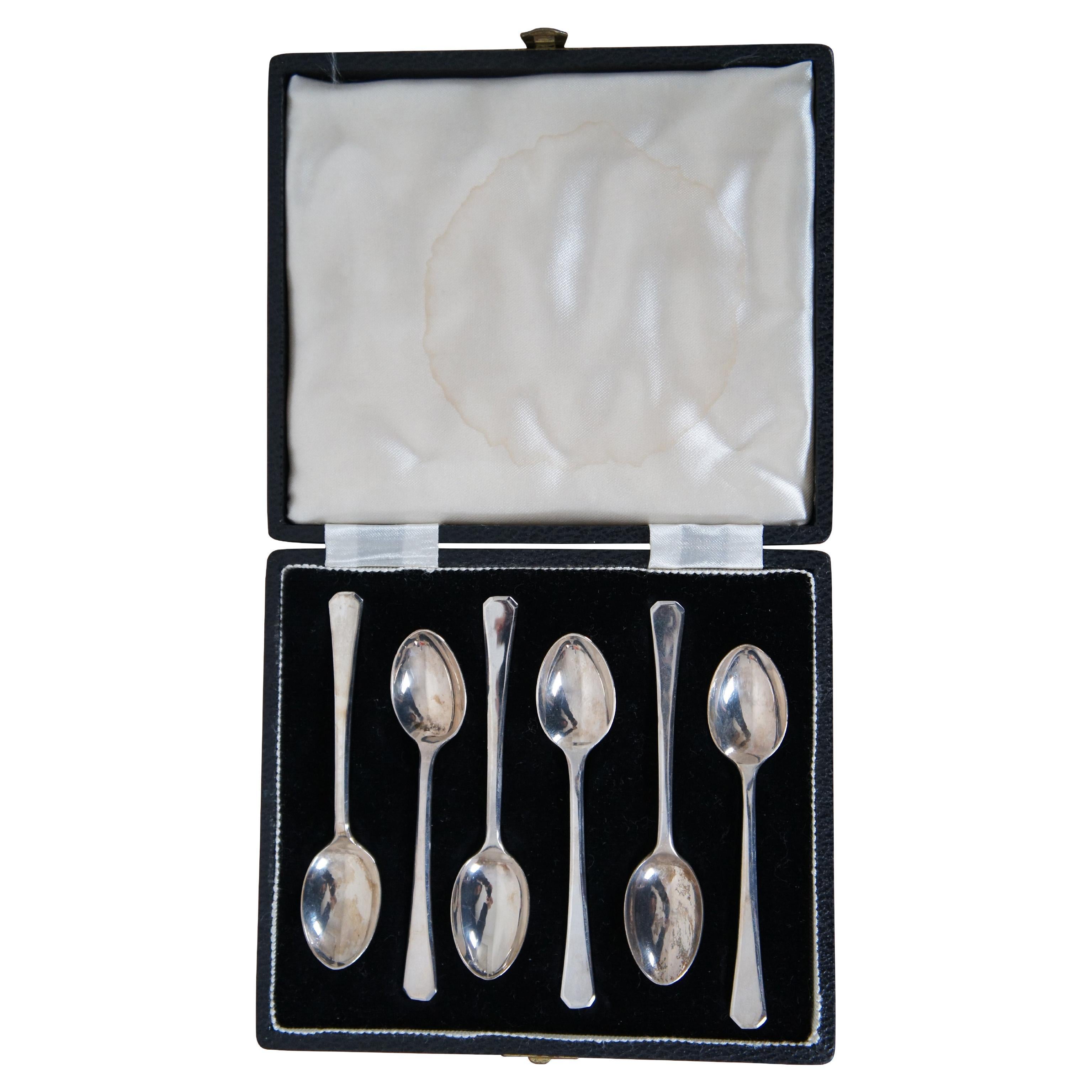 6 Mid-Century English Sterling Silver Demitasse Tea Coffee Spoon Box Set