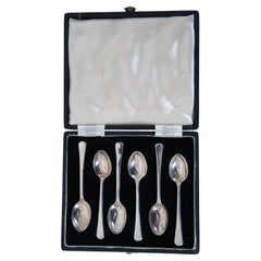 6 Mid-Century English Sterling Silver Demitasse Tea Coffee Spoon Box Set