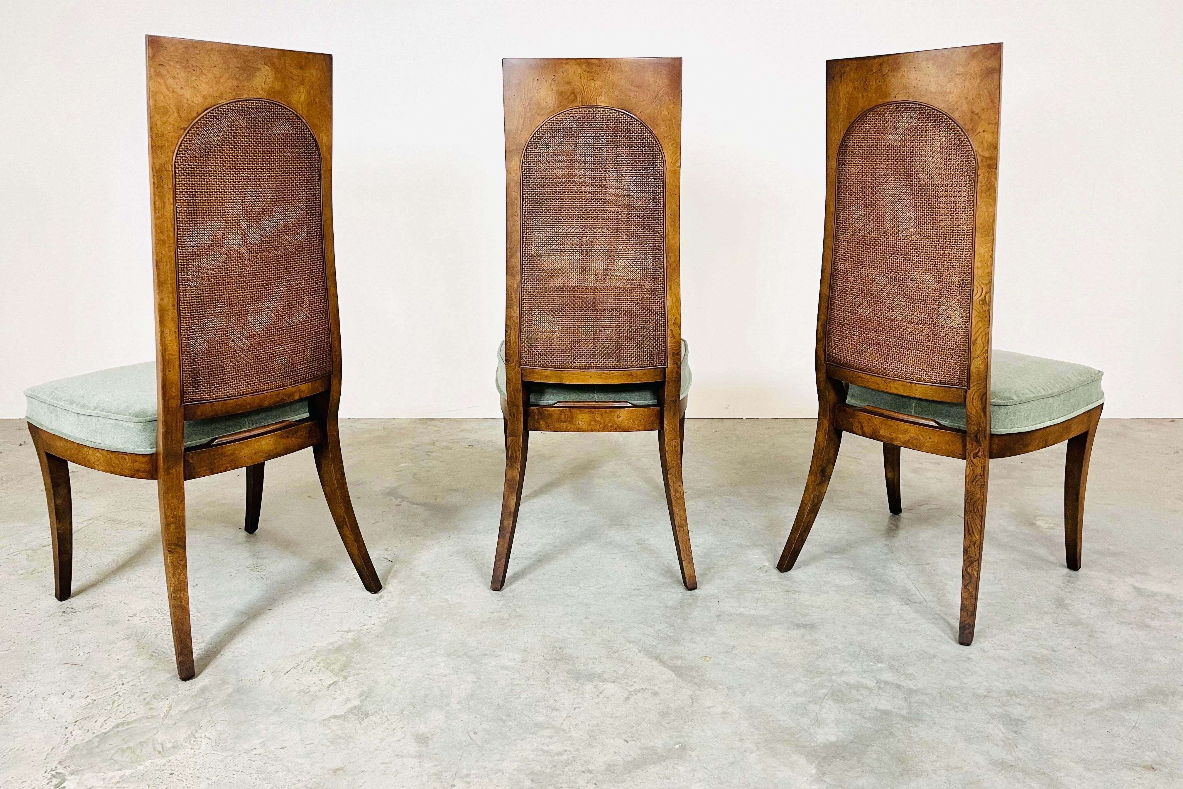 6 Midcentury Klismos Double Cane Back Dining Chairs in Bird’S-Eye Maple & Mohair 1